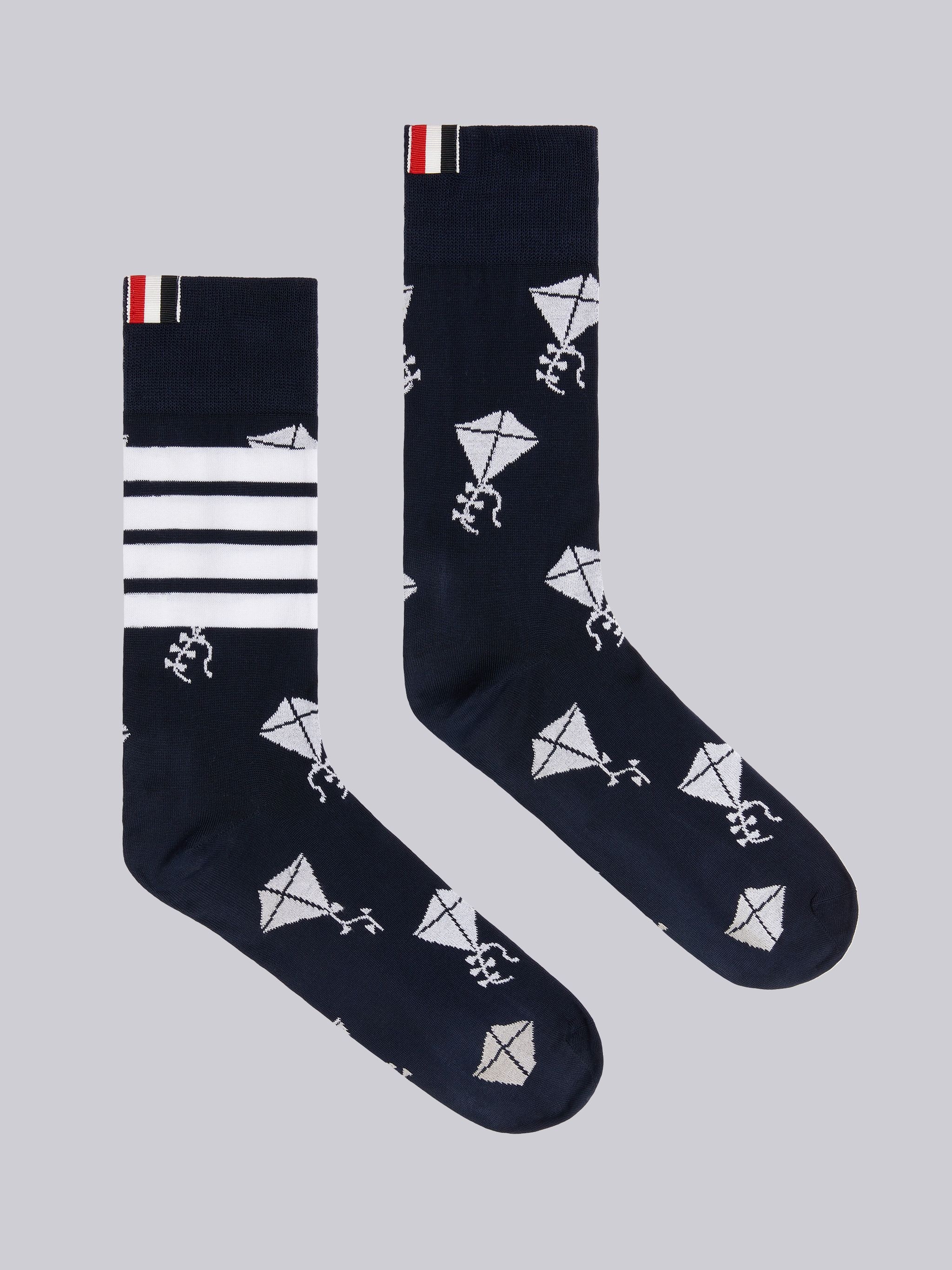 Navy Mercerized Cotton Half Drop Kite Mid-calf Socks - 1