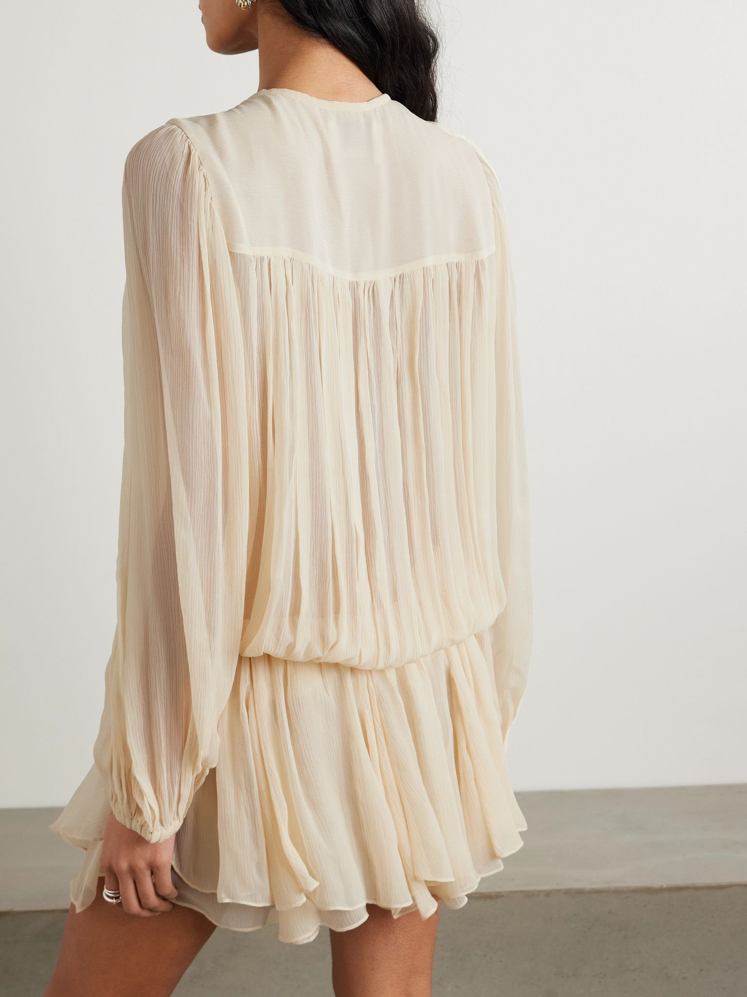Aliyah embellished tiered gathered silk-crepon mini dress Ecru - 3