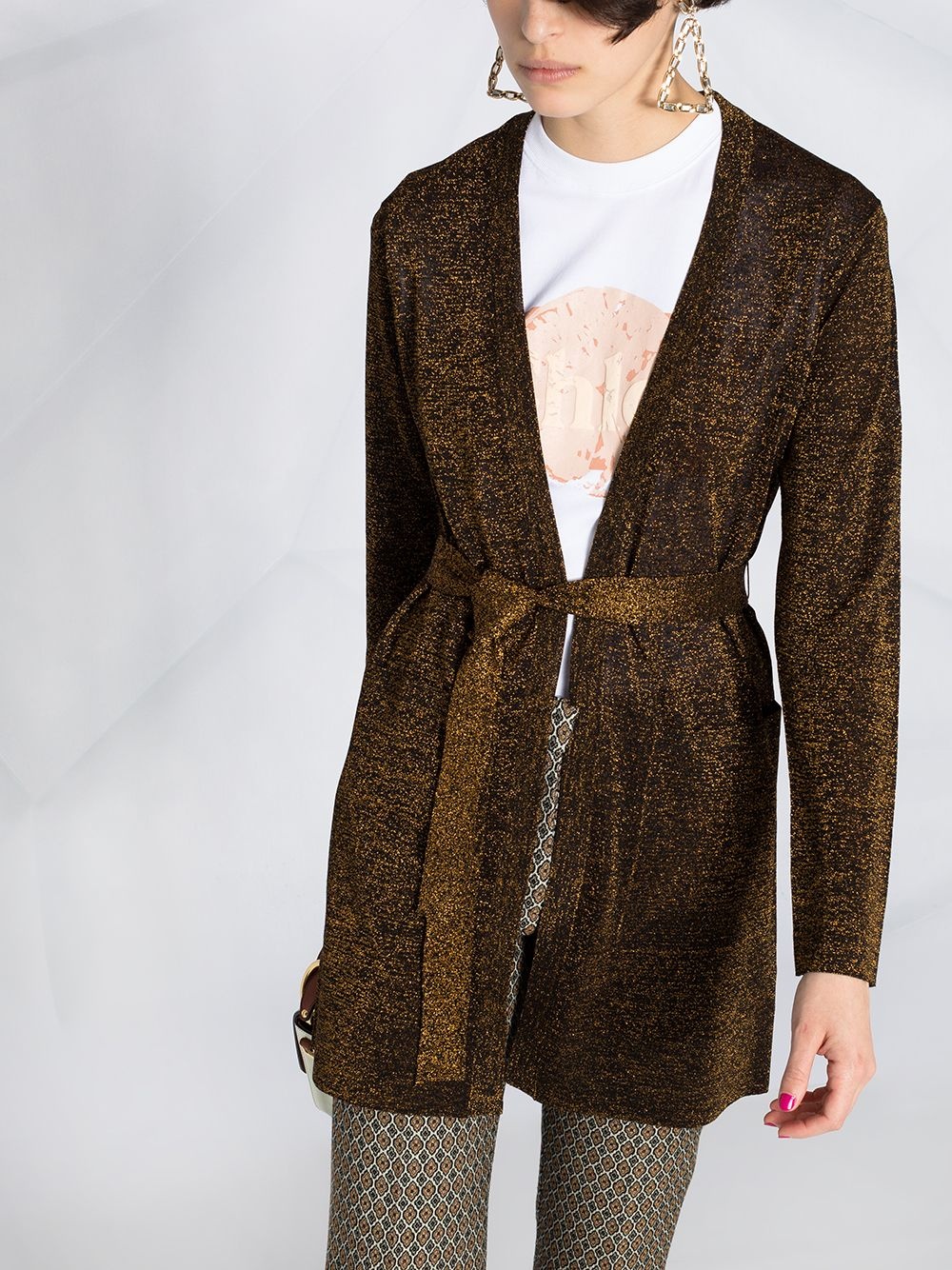 metallic-thread belted coat - 5