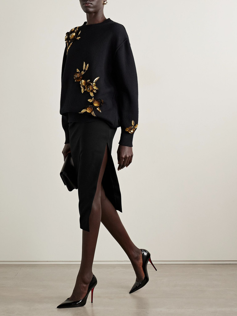 CAROLINA HERRERA Gathered wool-blend crepe midi skirt Black outlook