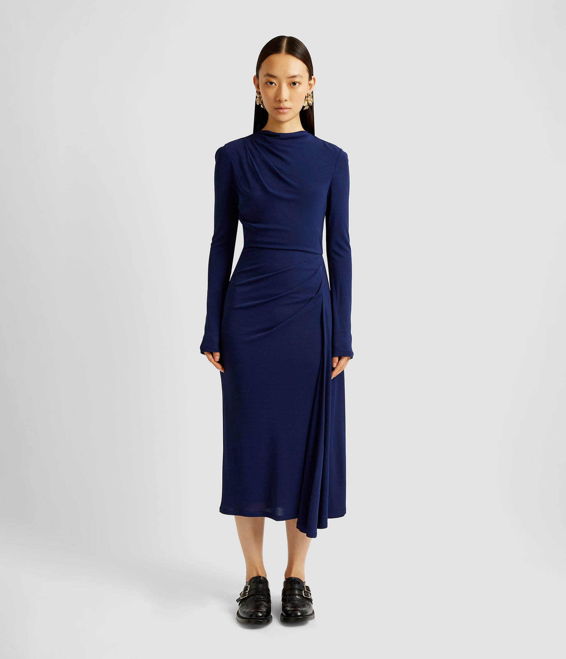 LONG SLEEVE DRAPED MIDI DRESS - 4
