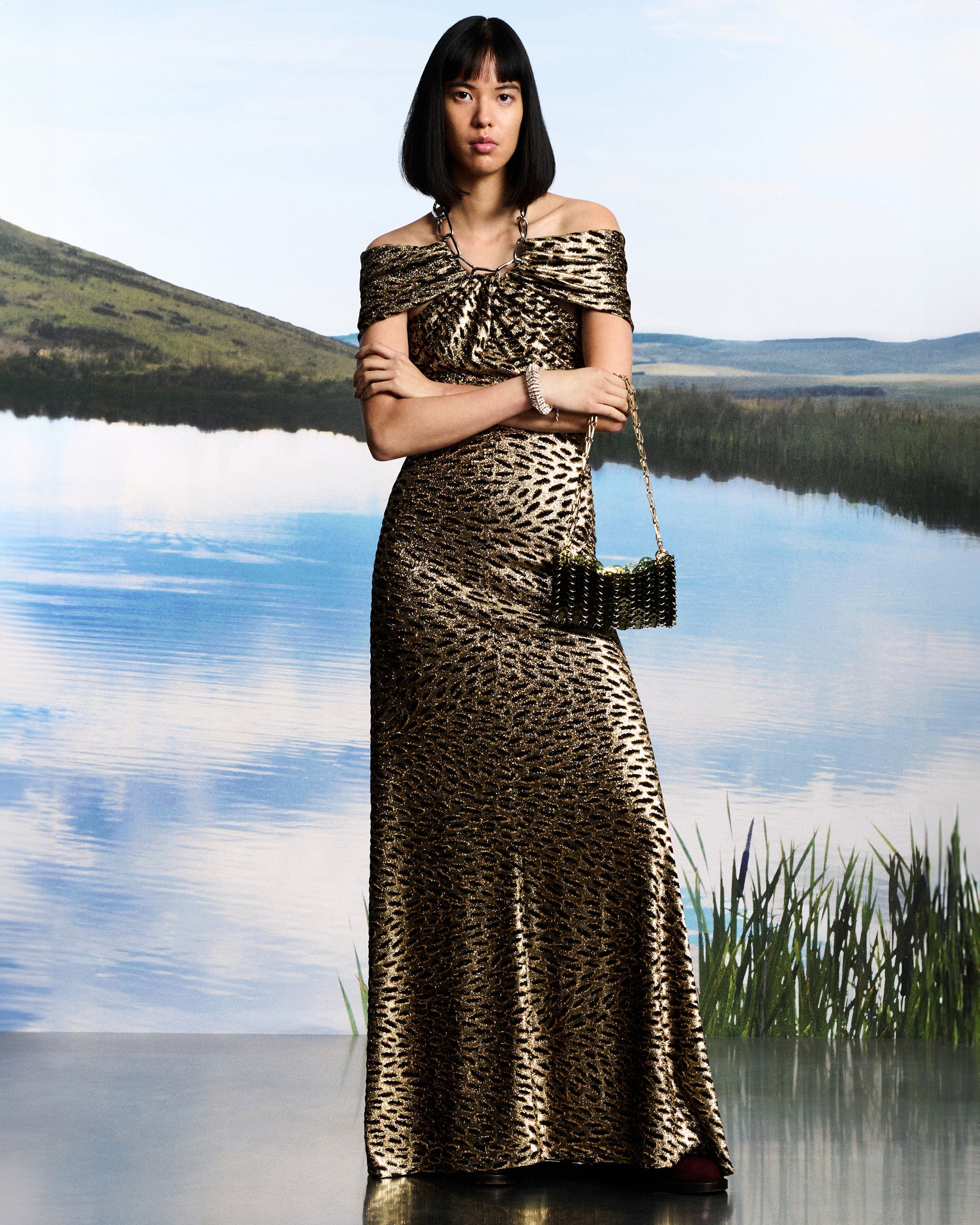 Metallic Leopard Knit Chain Halter Gown - 3