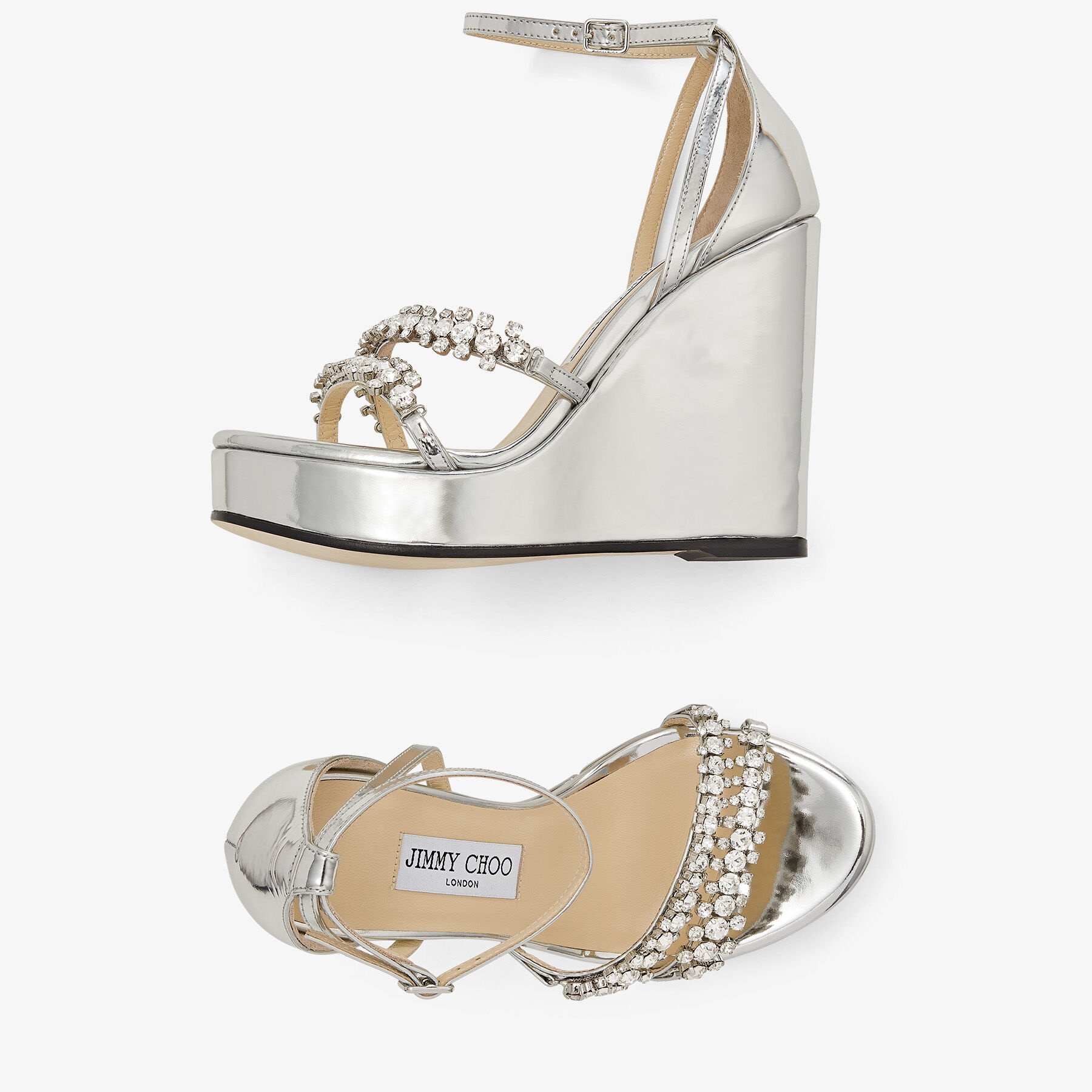 【Jimmy Choo】Bing ウェッジ120 クリスタルストラップ サンダル JIMMY CHOO Bing 120 crystal-embellished mirrored-leather