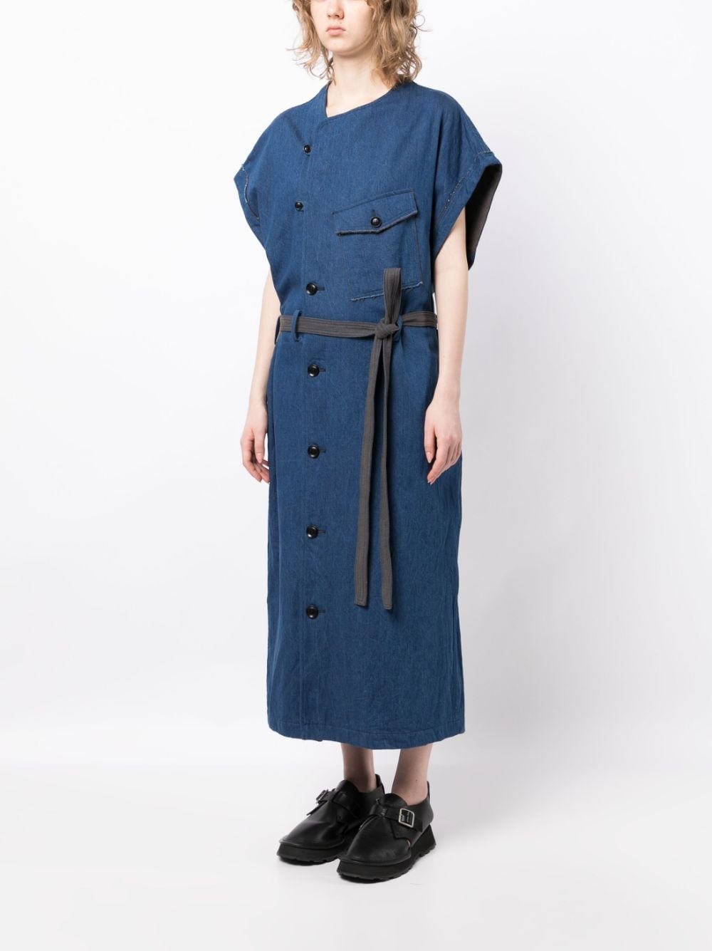 belted-waist twill denim dress - 3