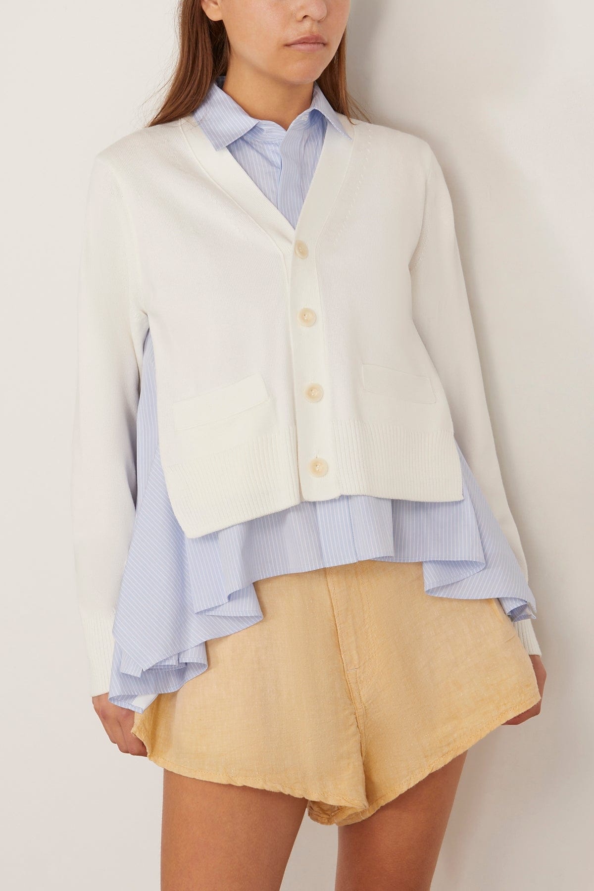 Cotton Poplin x Knit Cardigan in Off White and Light Blue - 3