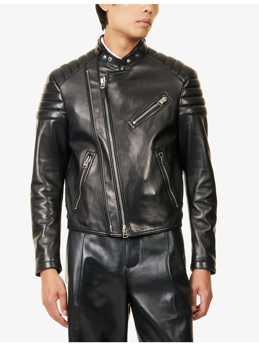 Panelled Zipped Leather Biker Jacket - 3