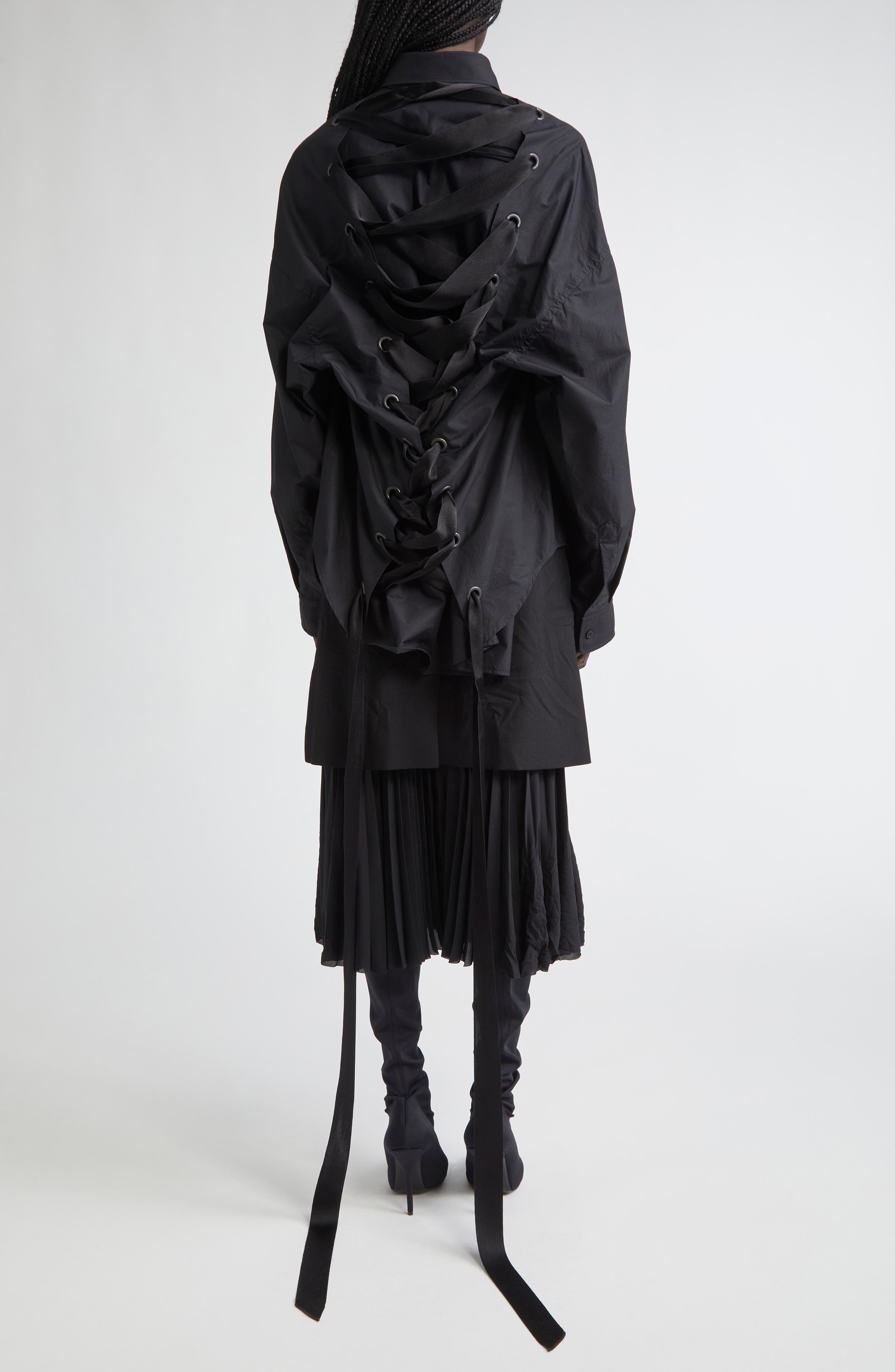 Balenciaga Lace-Up Cotton Poplin Shirt in 1000 Black at Nordstrom - 3
