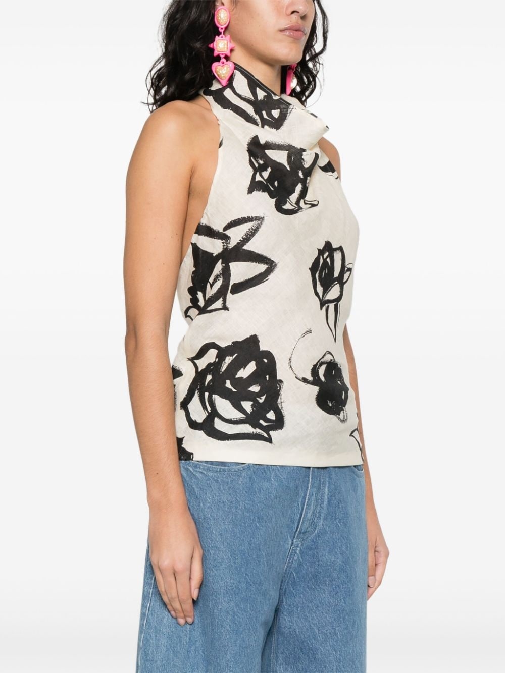 floral linen halterneck top - 3
