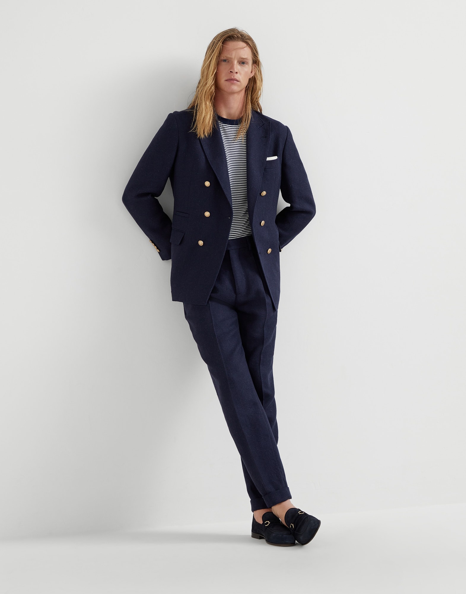 Linen, silk, wool and cotton textured stripe diagonal leisure fit trousers with double pleats - 4