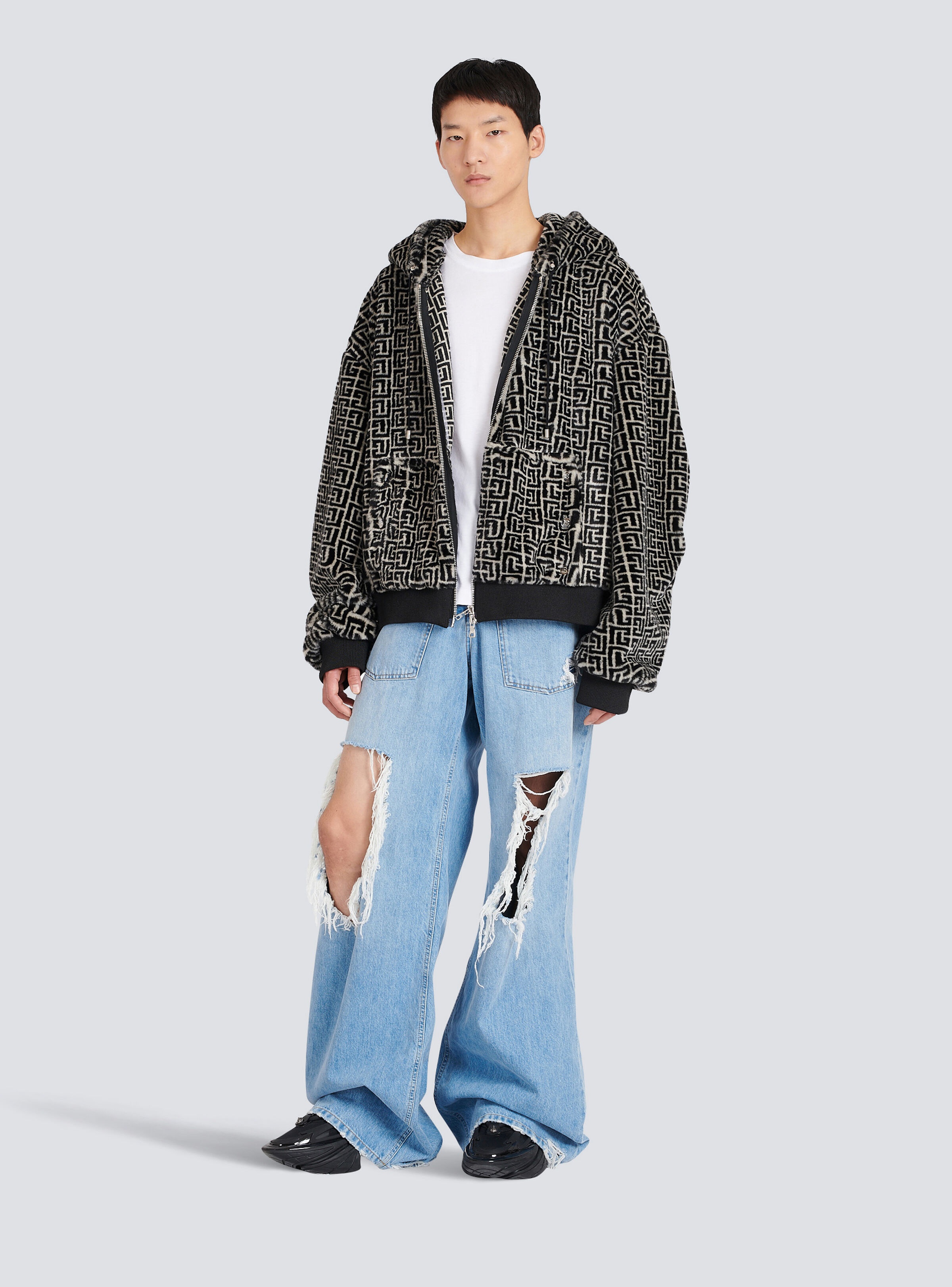 Hooded faux fur sweatshirt with Balmain monogram - 2