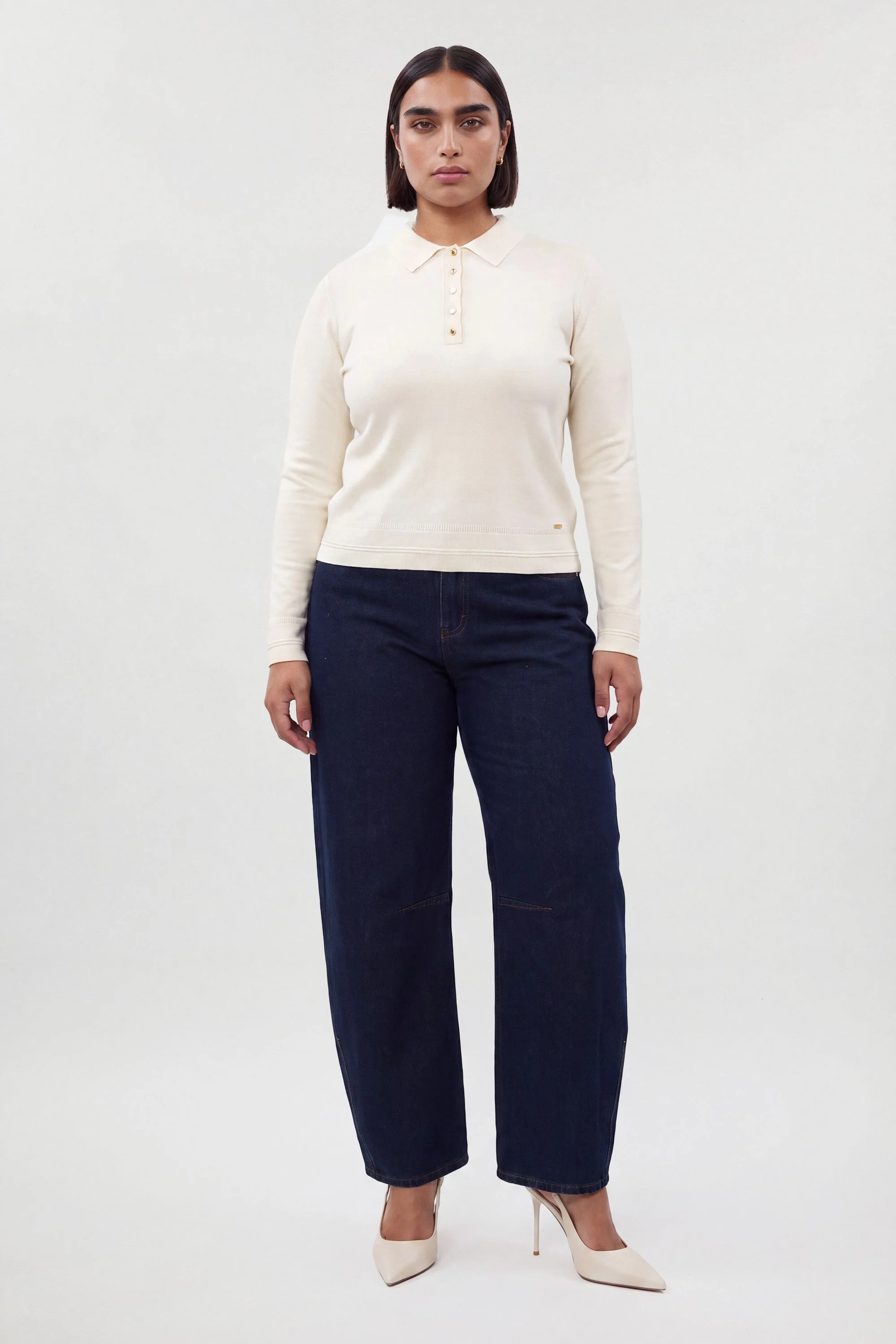 Plus Size Forever Viscose Blend Knitted Collared Long Sleeve Polo Top - 1