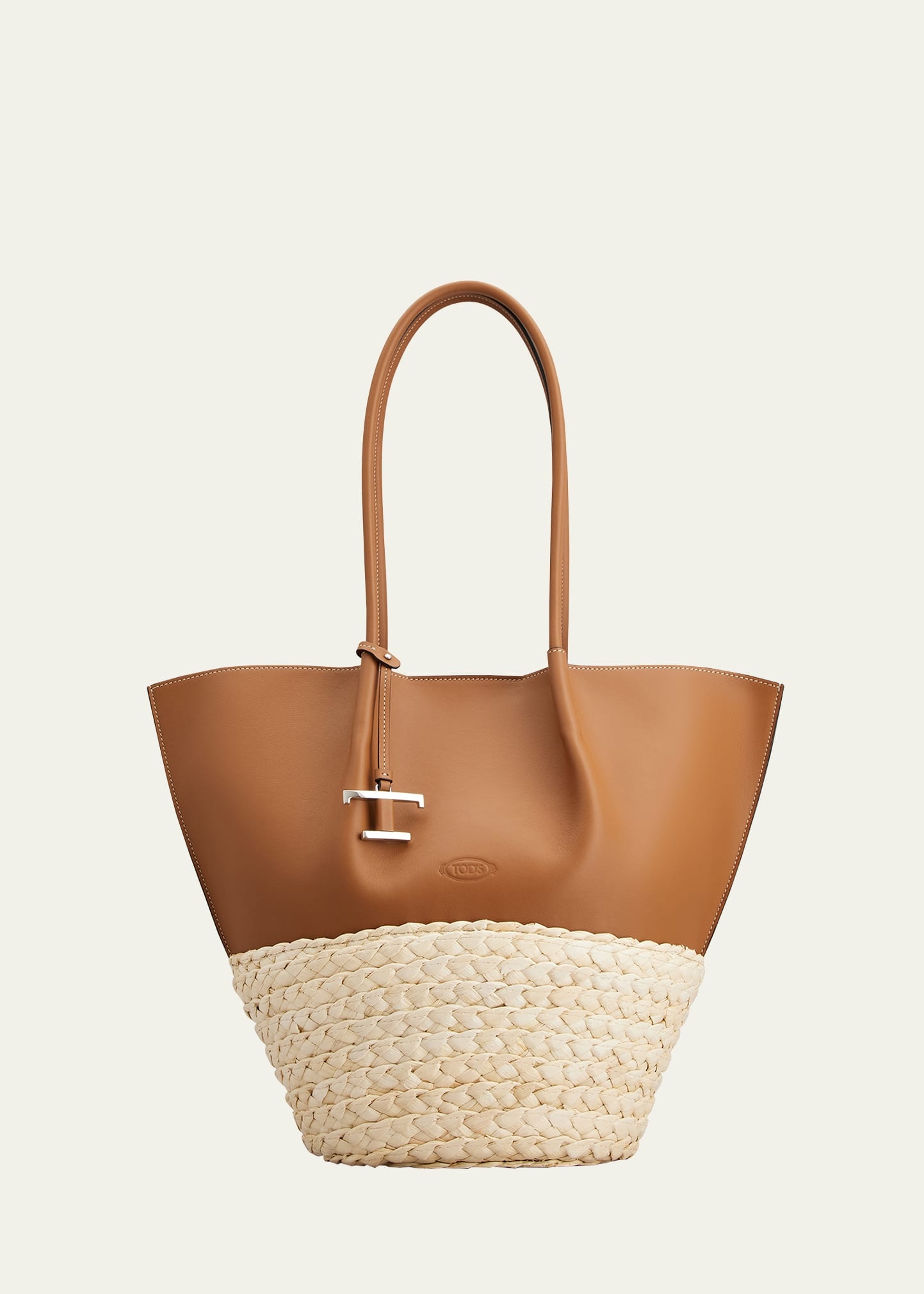 Bux Medium Leather & Woven Leaf Shopping Tote Bag - 1