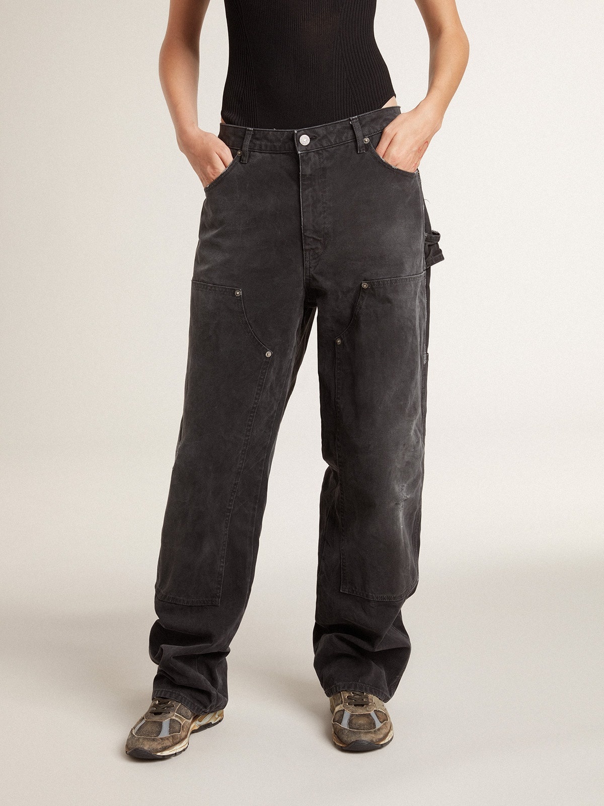 Women's distressed black cotton jeans with front patches - 2