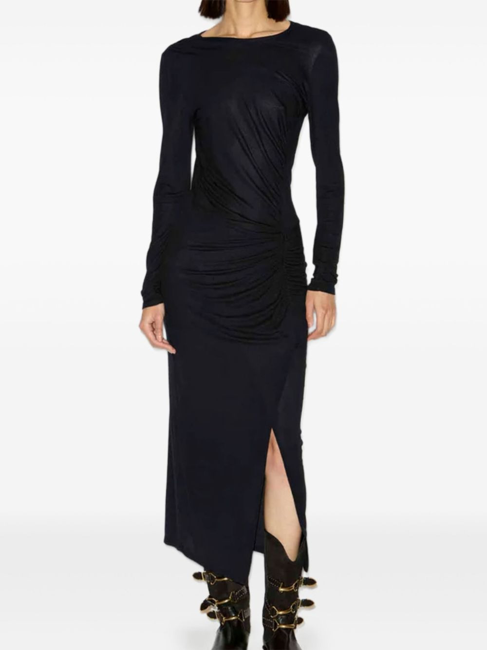 side-gathered long-sleeve midi dress - 2