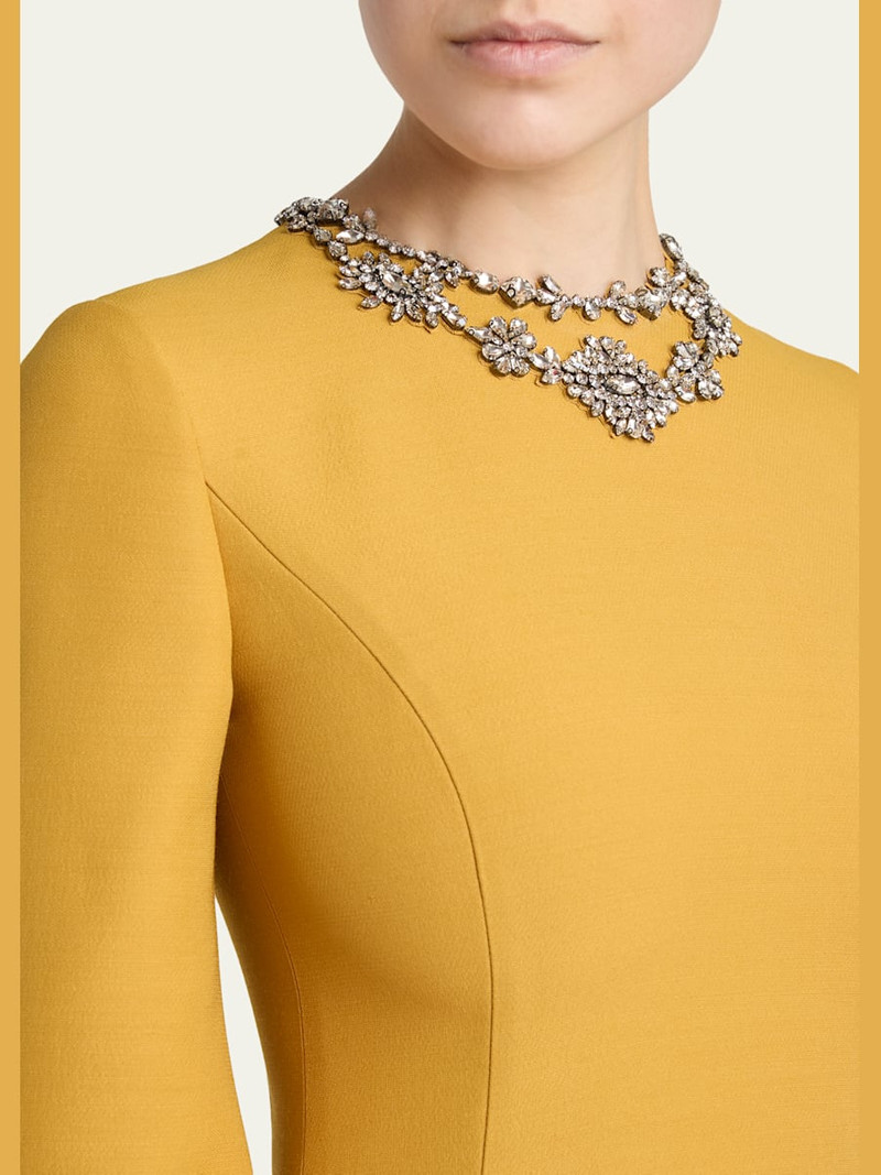 Crystal Embroidered Silk-Wool 3/4-Sleeve Midi Dress 5