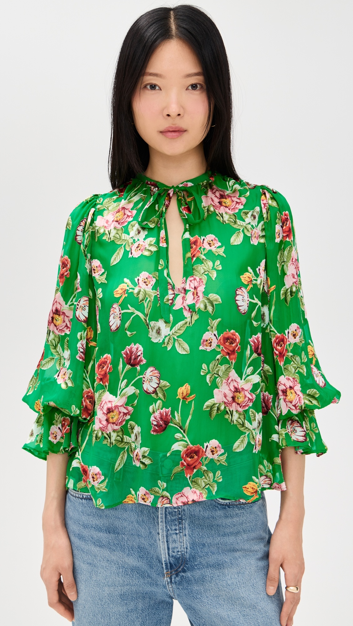 Moranne Tie Neck Blouson Ruffle Sleeve Top - 6