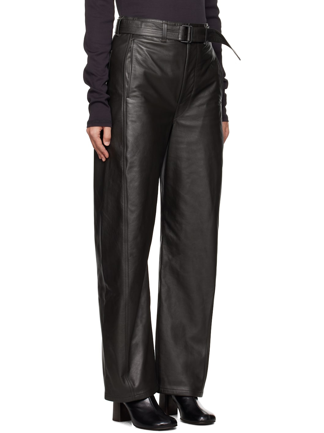Black Twisted Belted Leather Pants - 2