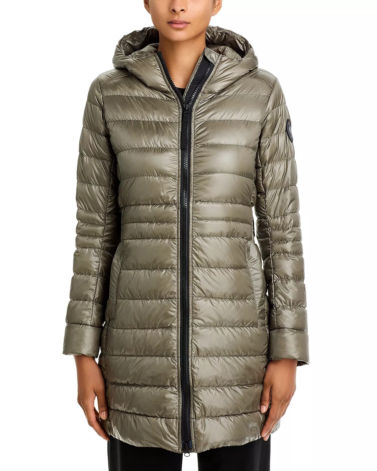 Cypress Hooded Mid-Length Down Coat with Black Disc - 7