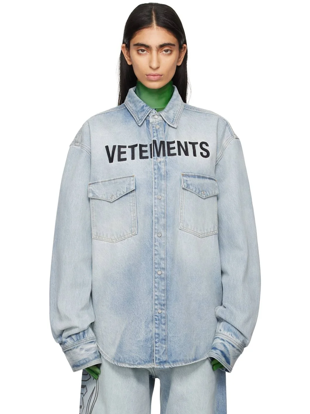 Blue Embroidered Logo Denim Shirt - 1