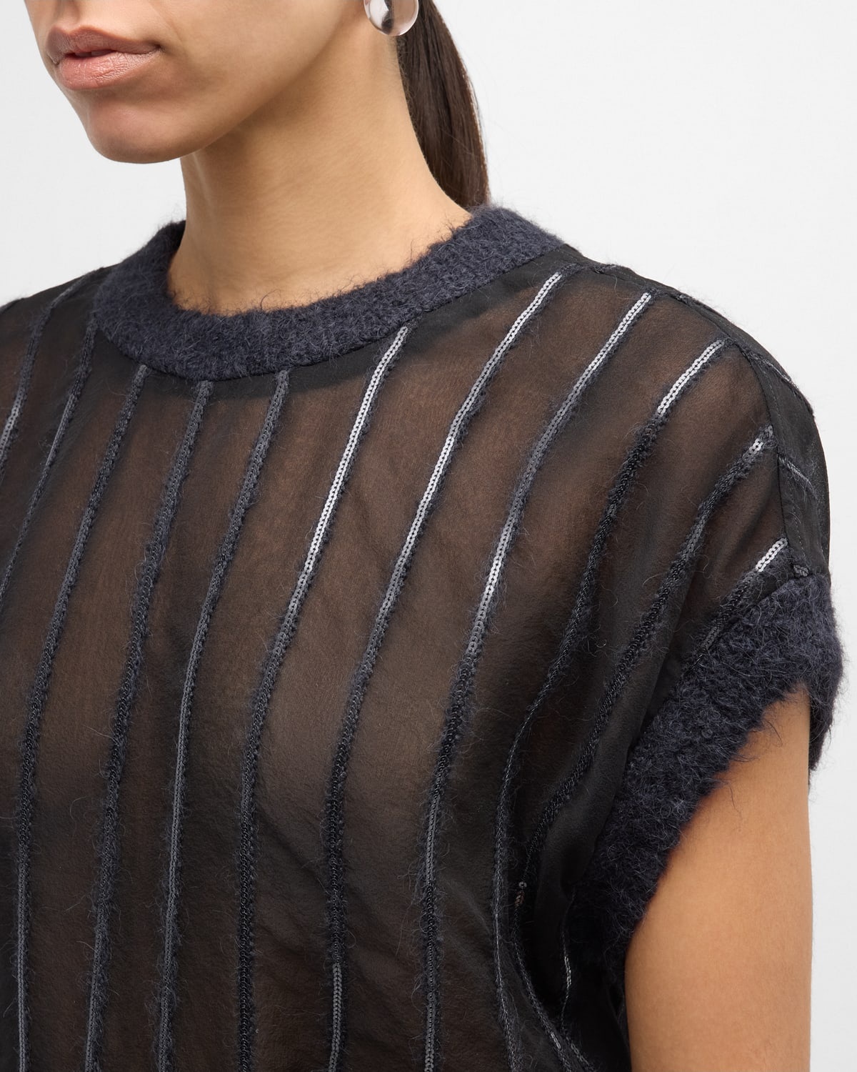 Sequin Wool Striped Crispy Silk Chiffon Blouse - 6