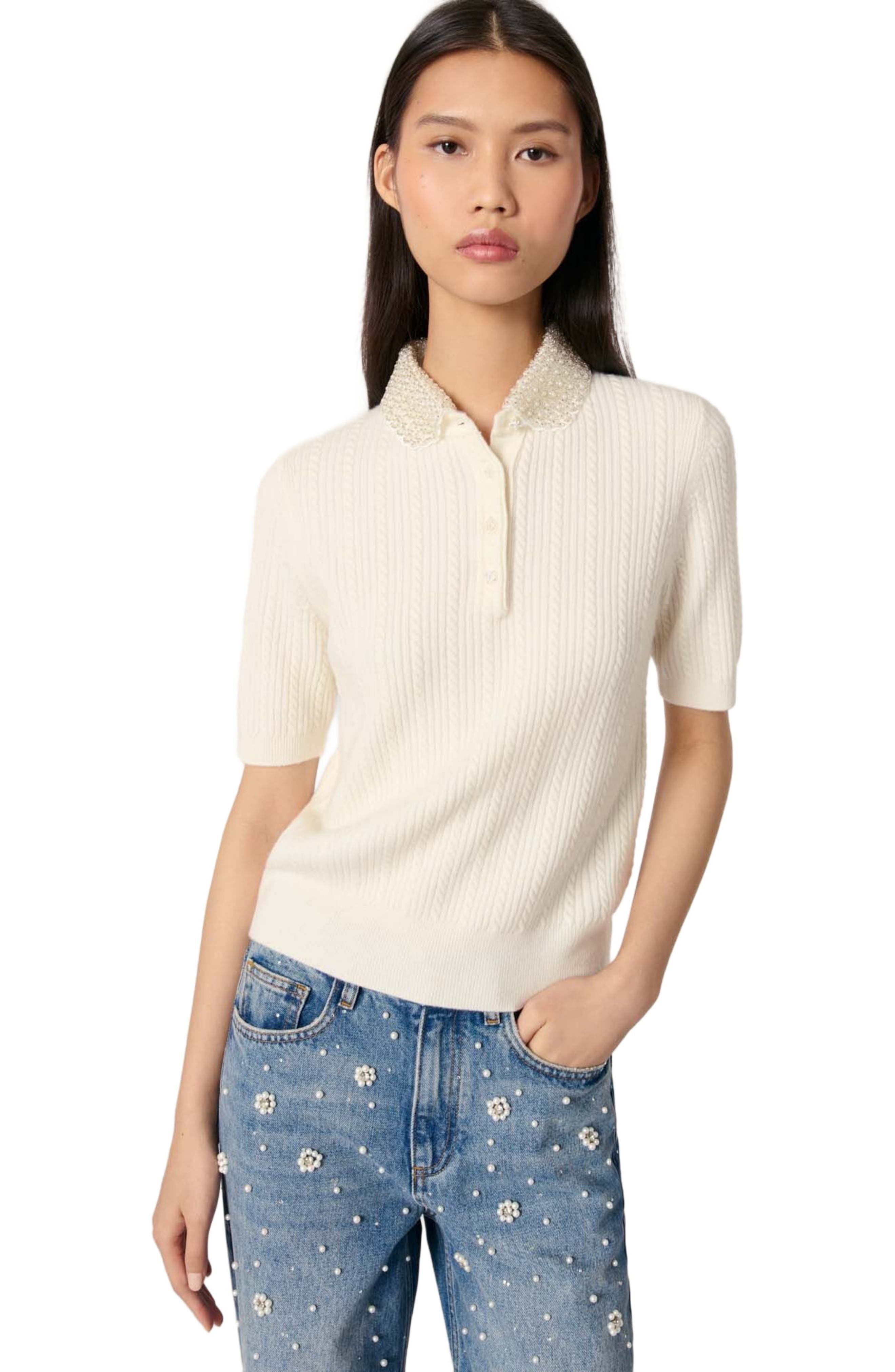 maje Removable collar knit polo shirt in Ecru at Nordstrom - 4