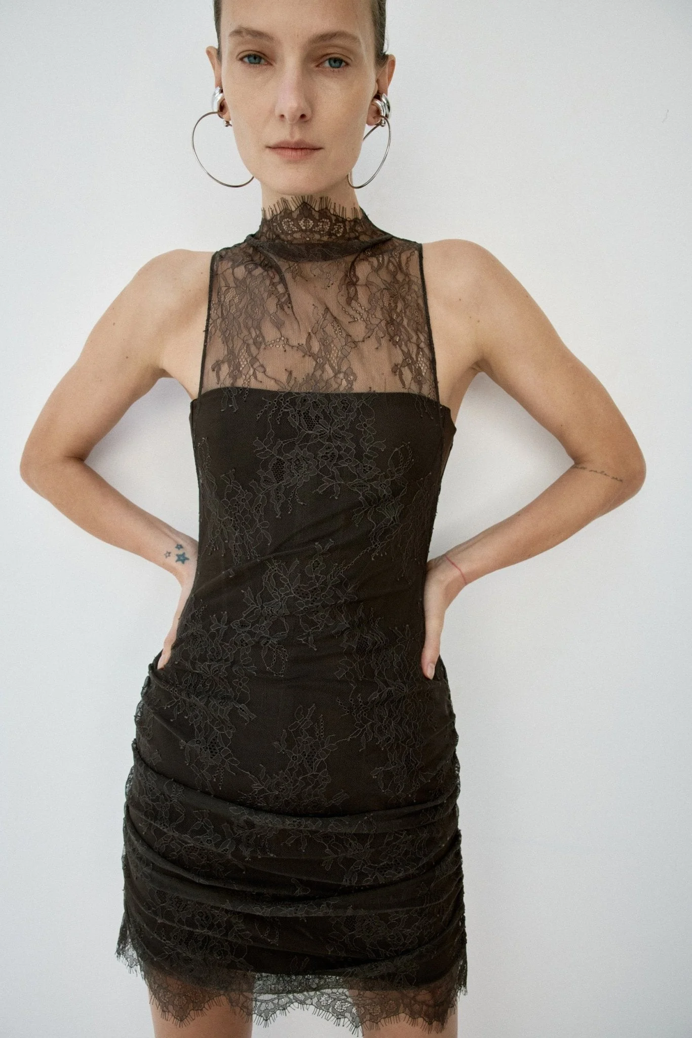 APATITE MINI DRESS IN CHOCOLATE BROWN FINE LACE - 1