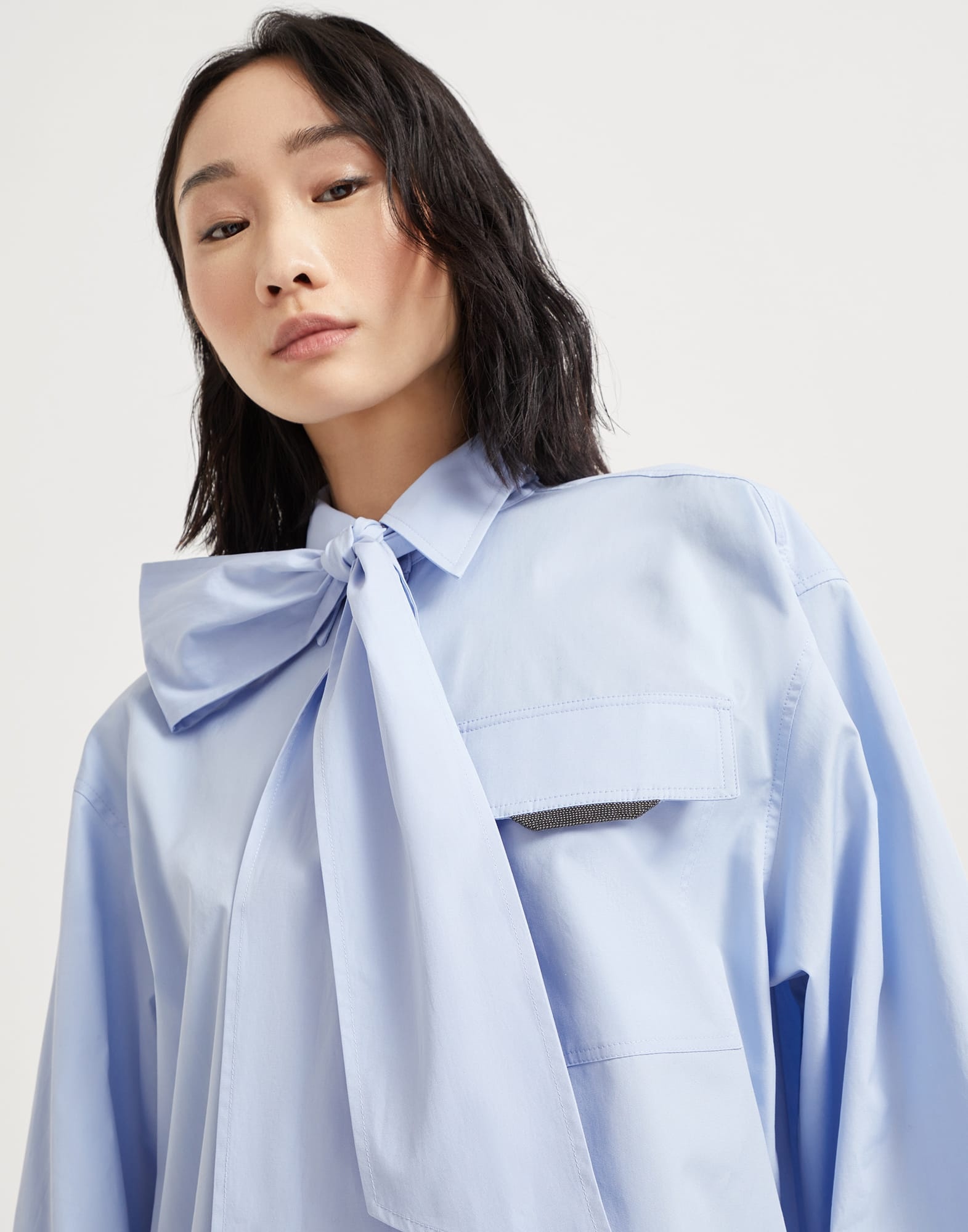 Cotton poplin pussybow shirt with shiny flap detail - 3