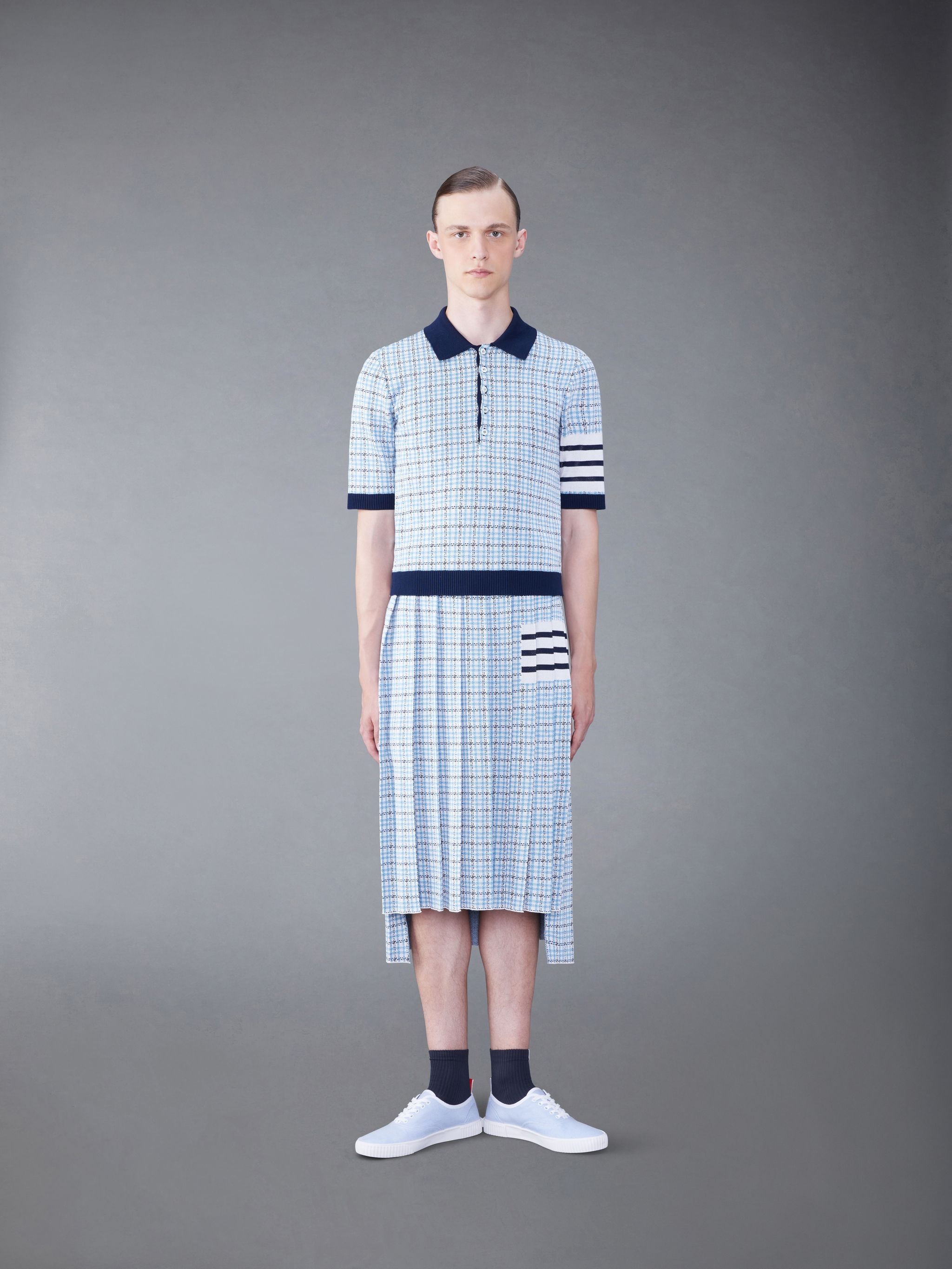 Silk Cotton Check Jacquard 4-Bar Polo - 3