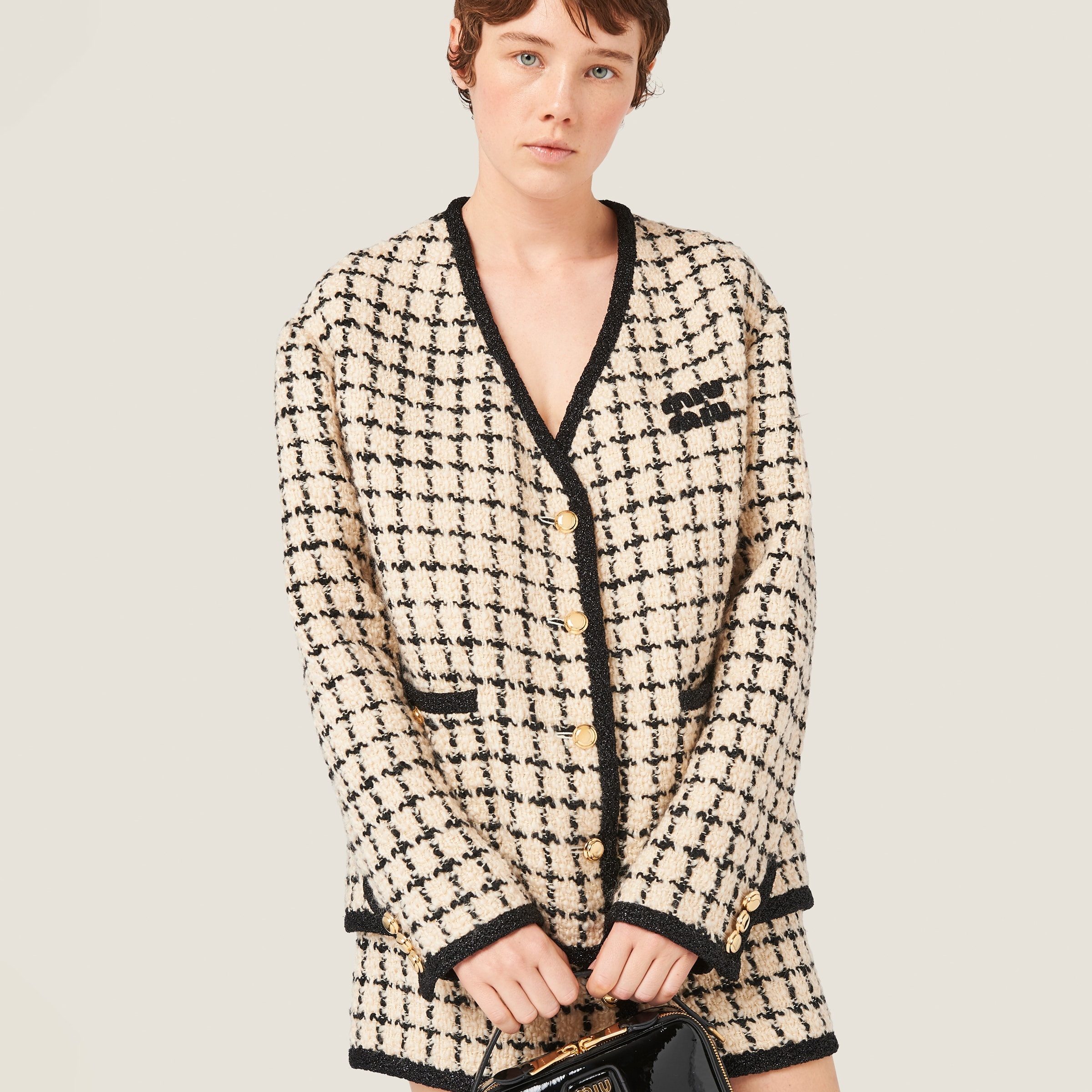 ジャケット MiuMiu | Single-breasted check lame jacket Avory/albino White Single-breasted Check Lamé Jacket | Miu Miu