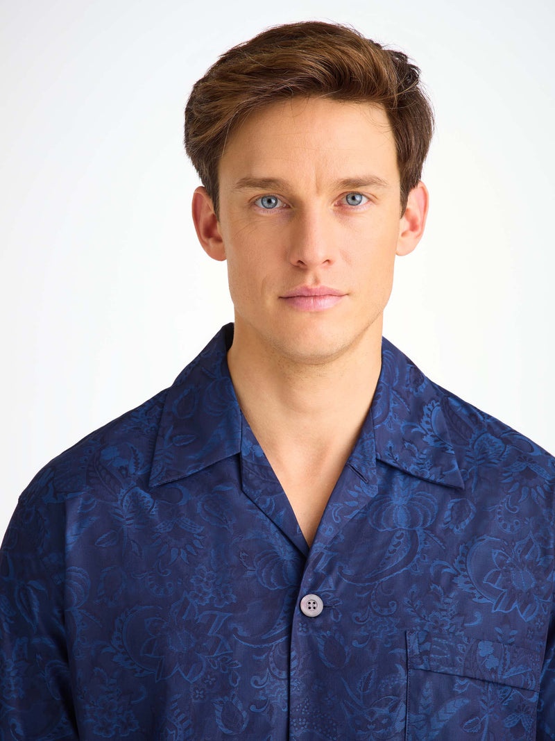 Men's Classic Fit Pajamas Cotton Jacquard Navy Jungle Paisley Pattern - 2