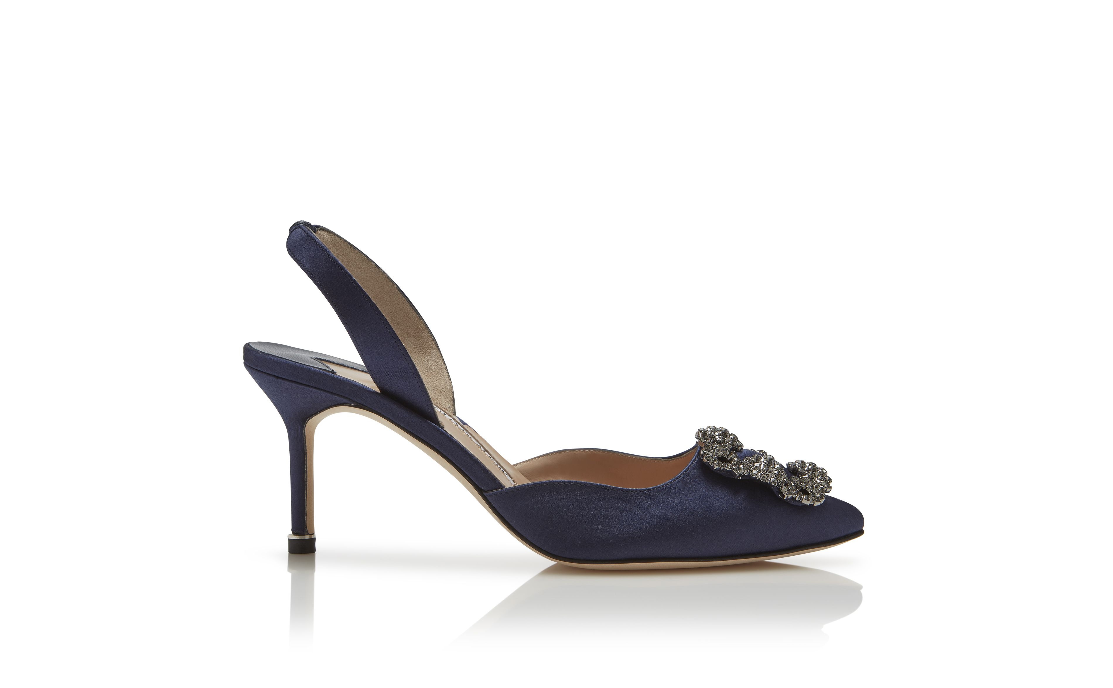 Navy Blue Satin Jewel Buckle Slingback Pumps - 1