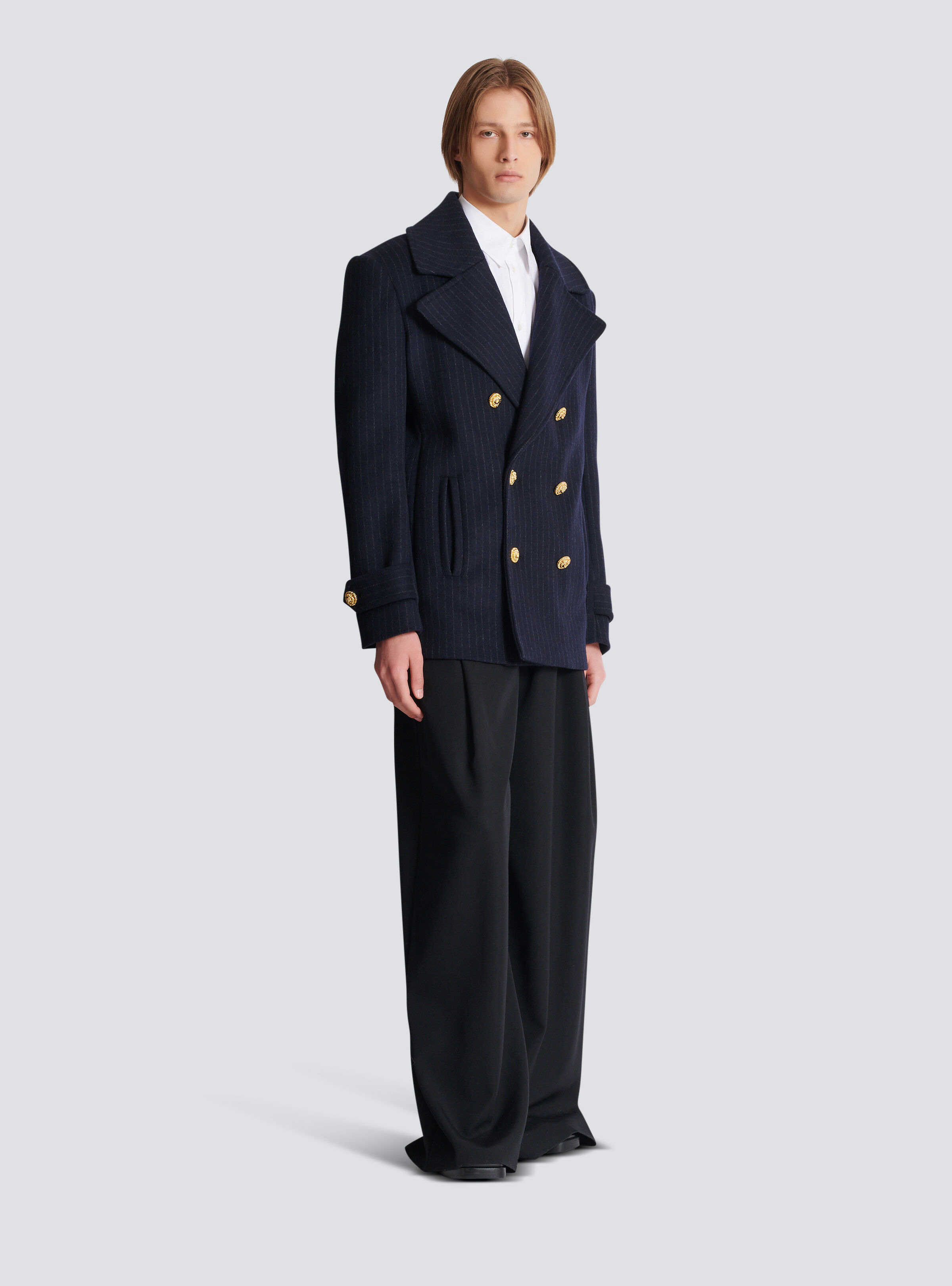Short striped wool pea coat - 3