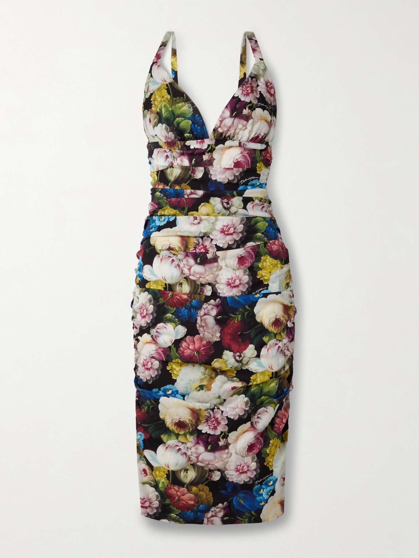 Ruched floral-print stretch-silk charmeuse midi dress - 1