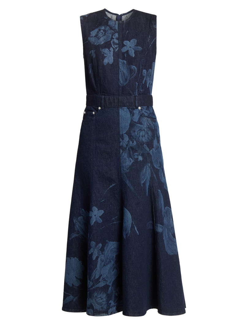 Women's Denim Floral Fluted Midi-Dress - Dutch Flower Painting Indigo 1