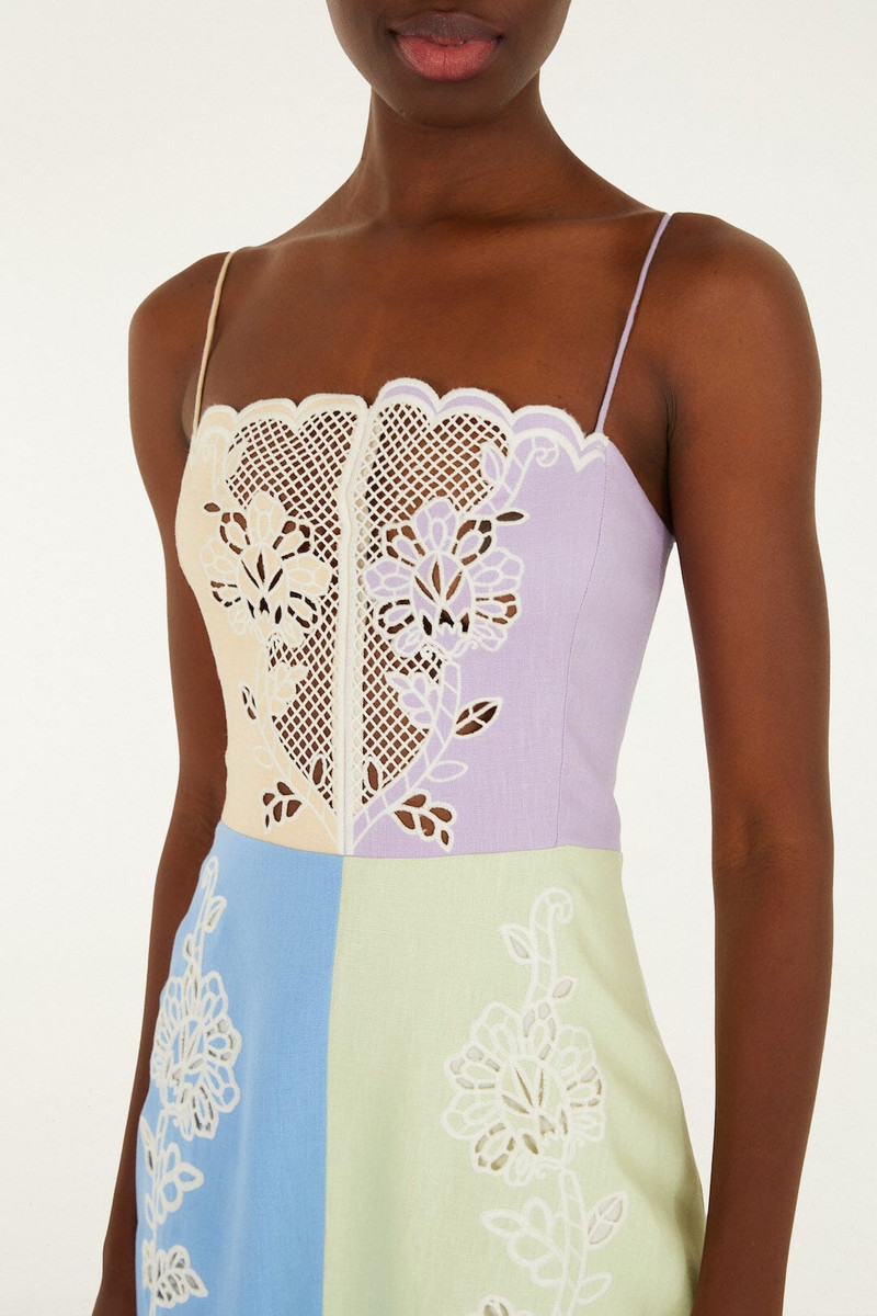 FARM RIO Multicolor Embroidered Euroflax Premium Linen Midi Dress outlook