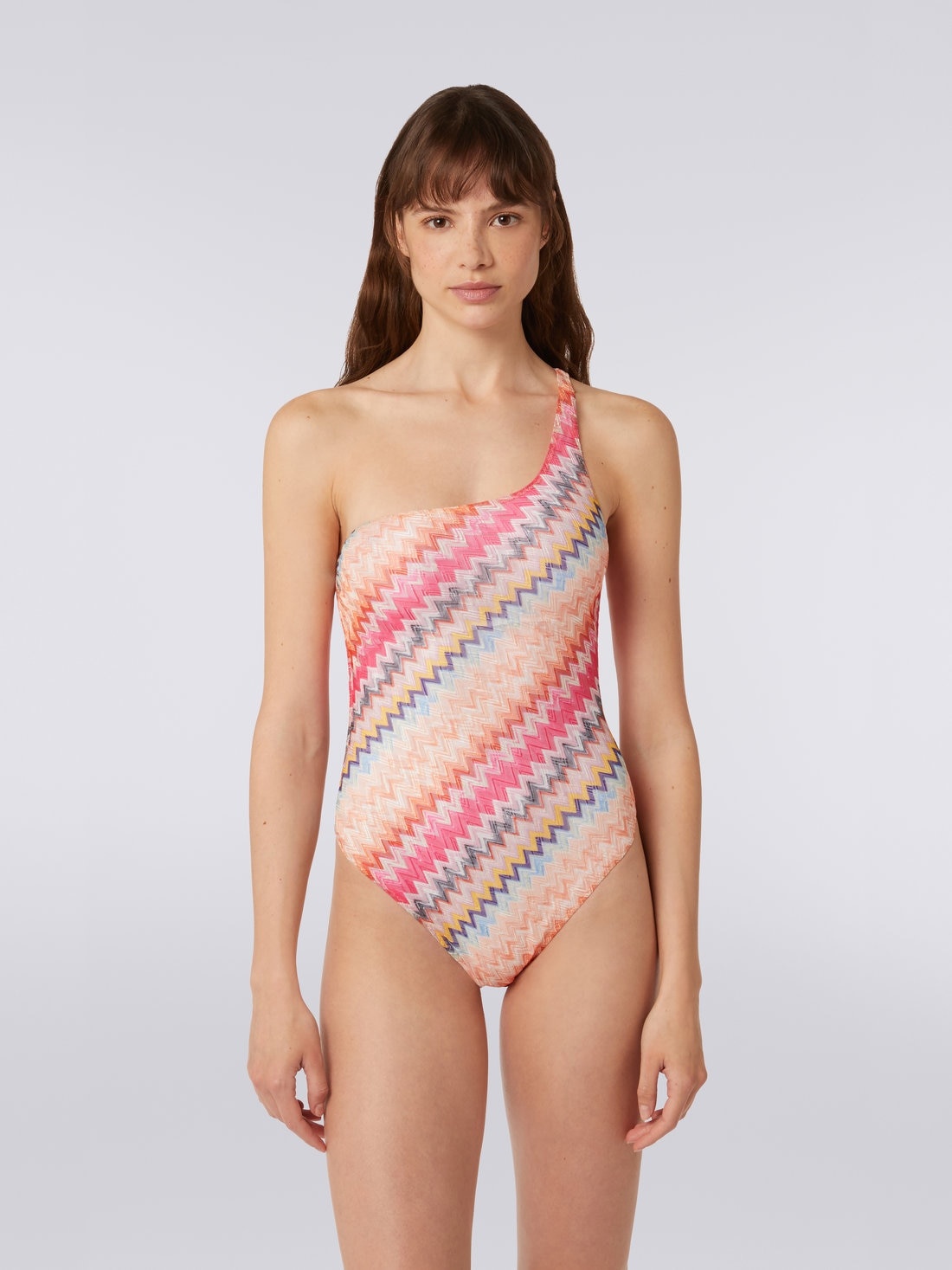 One-shoulder one-piece swimming costume in chevron viscose - 2