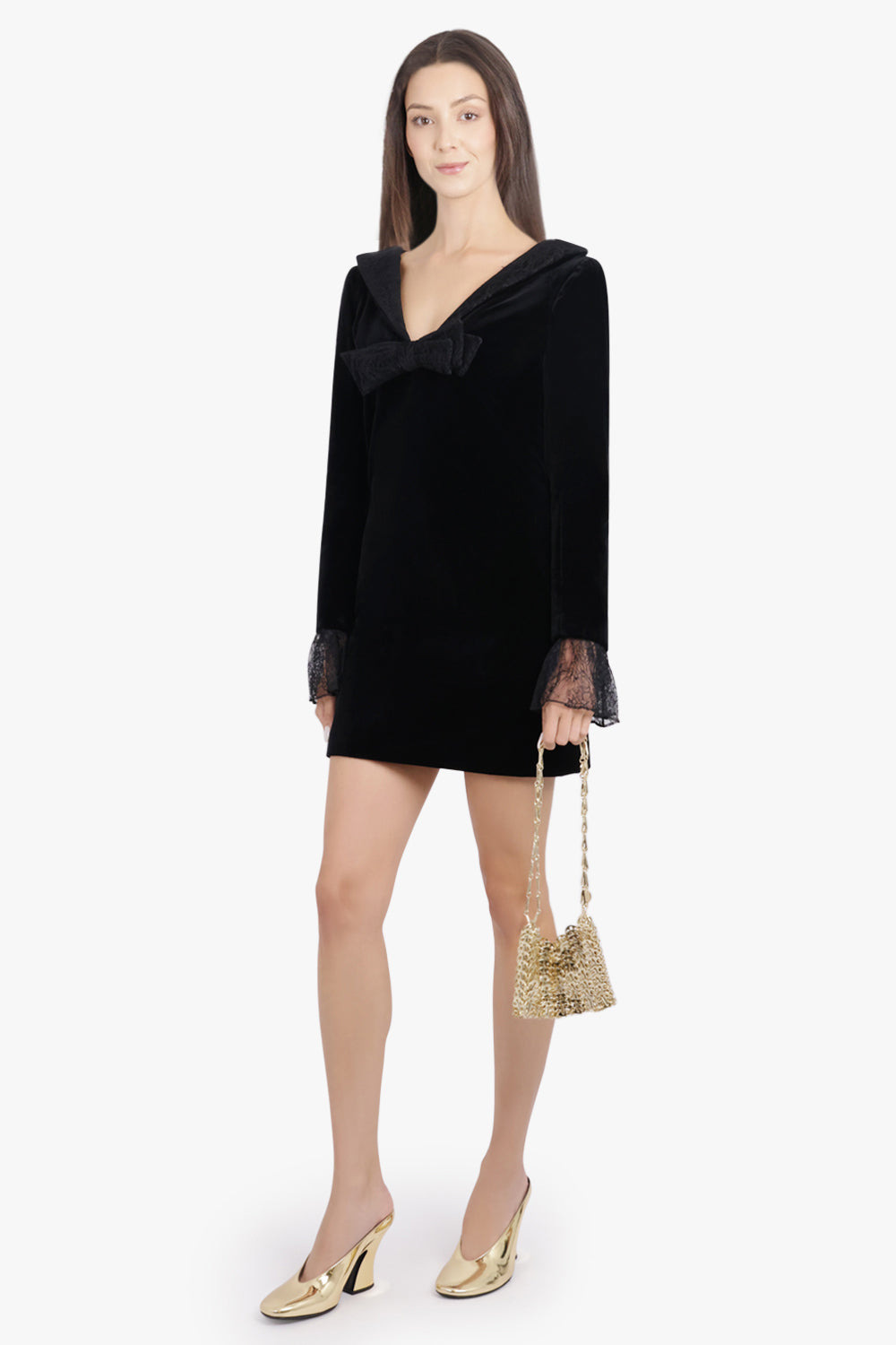 V NECKLINE VELVET MINI DRESS WITH LACE SLEEVES | BLACK - 2
