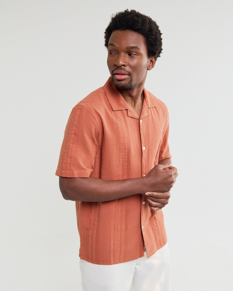 Wax London Didcot - Rust Double-Weave Seersucker Short-Sleeve Shirt outlook