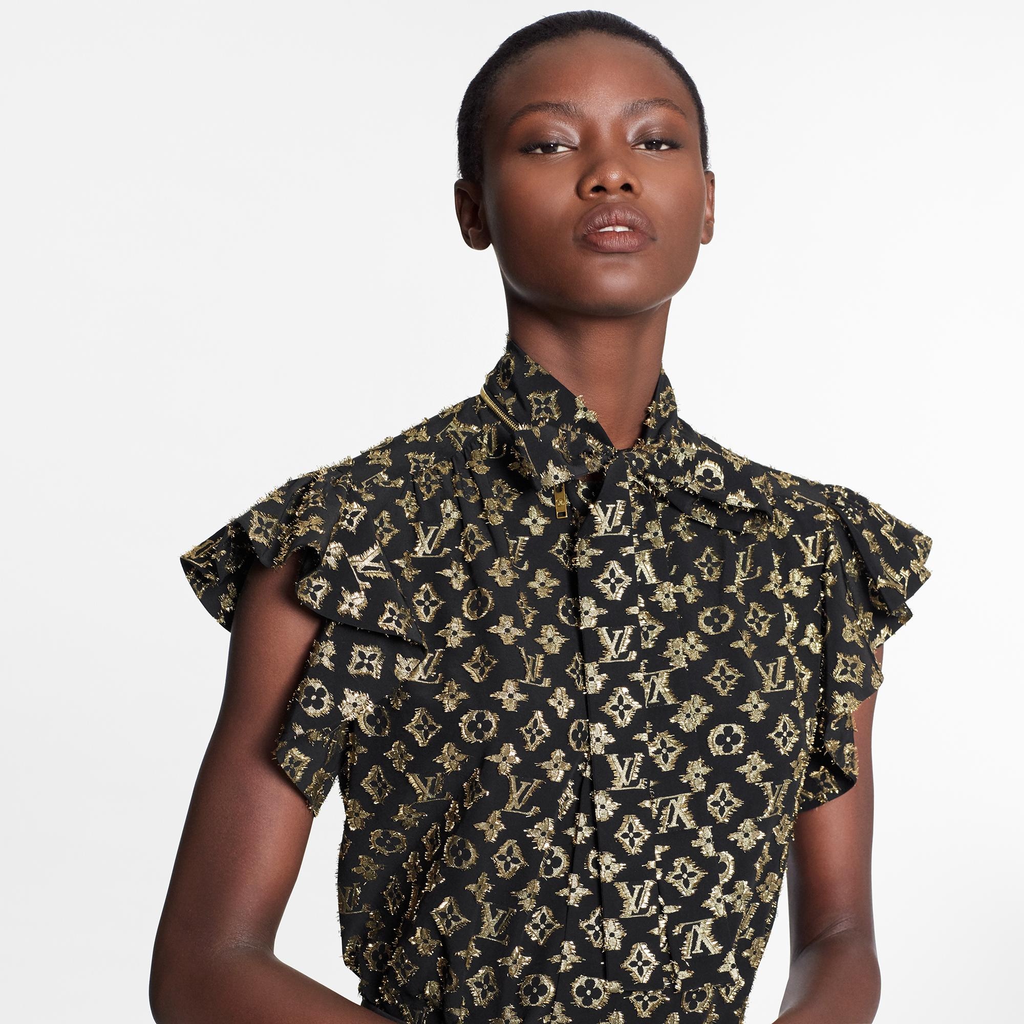 Short-Sleeved Gold And Black Monogram Blouse In Lurex Jacquard - 5