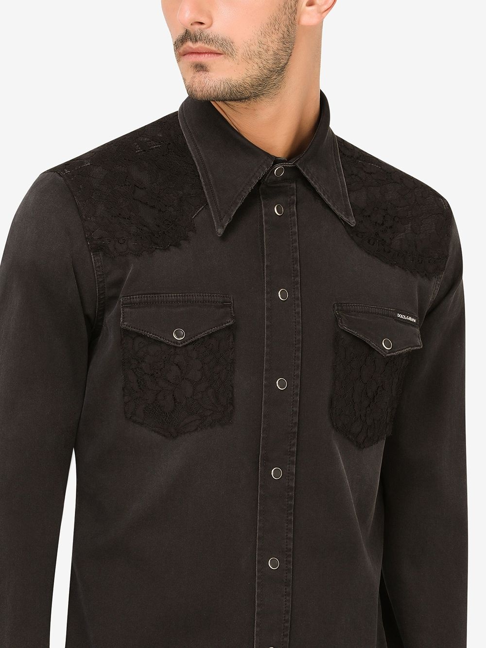 denim lace-detail shirt - 5