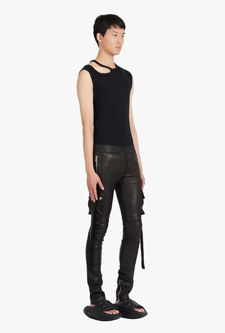 Slim cut black leather pants - 7