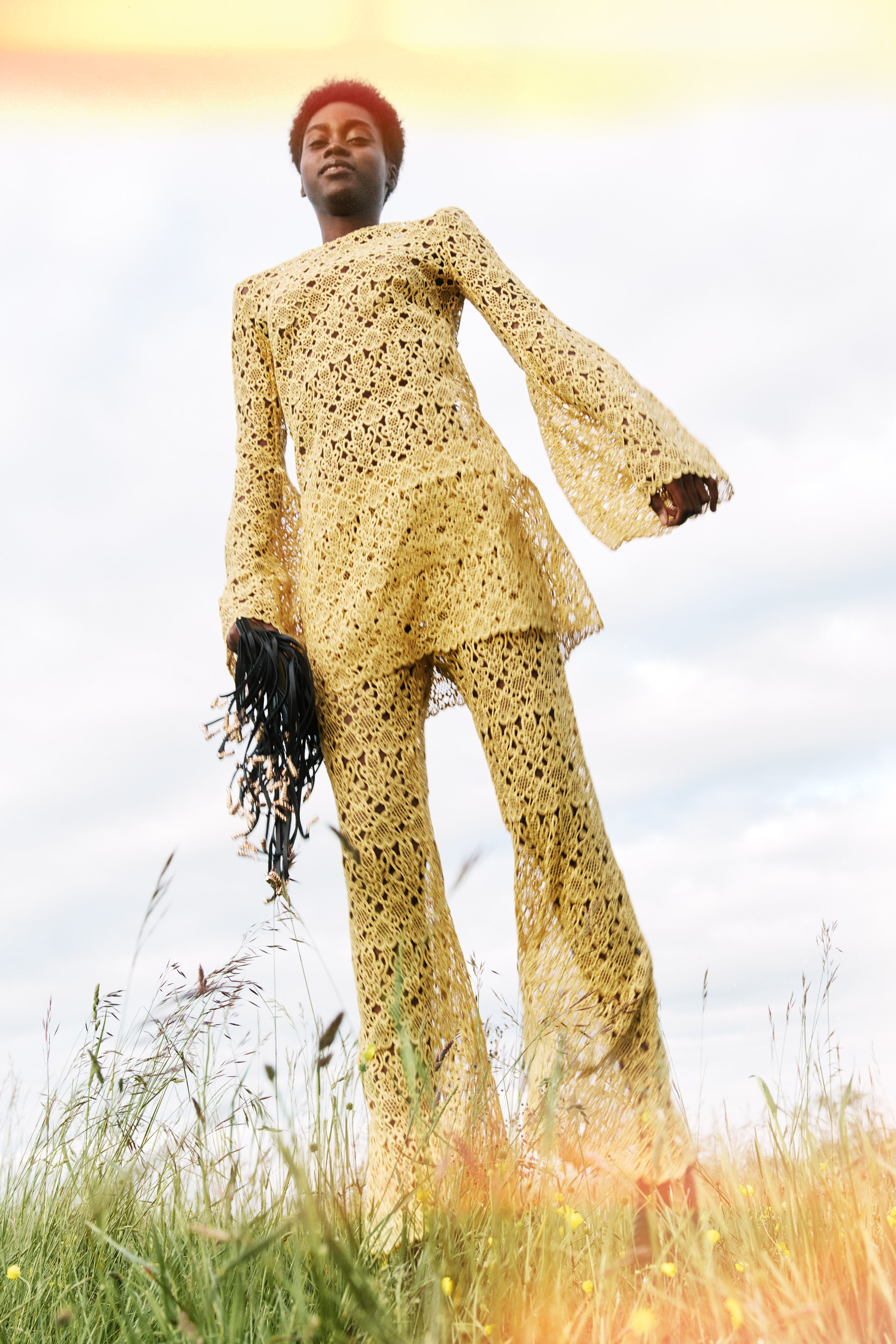 Phoenix Flare Cropped Pant in Gold Silk Macrame Lace - 2