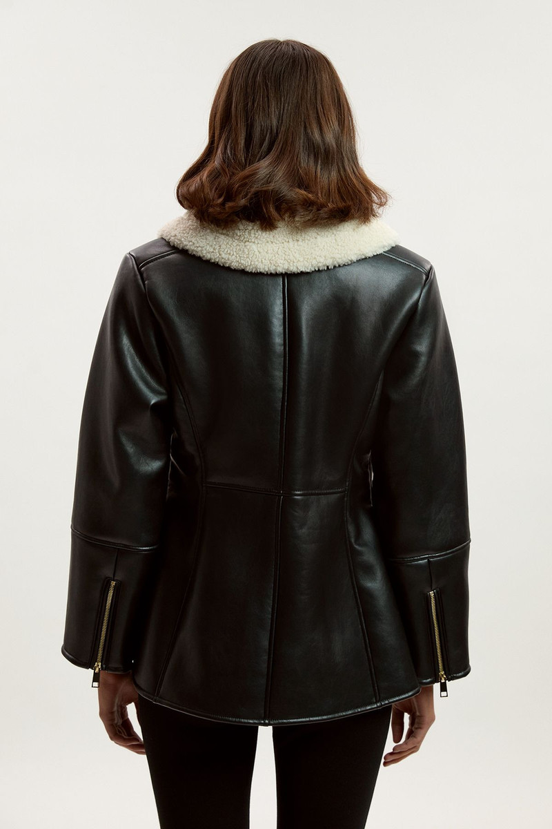 Faux Leather Bonded Waisted Peplum Coat 3