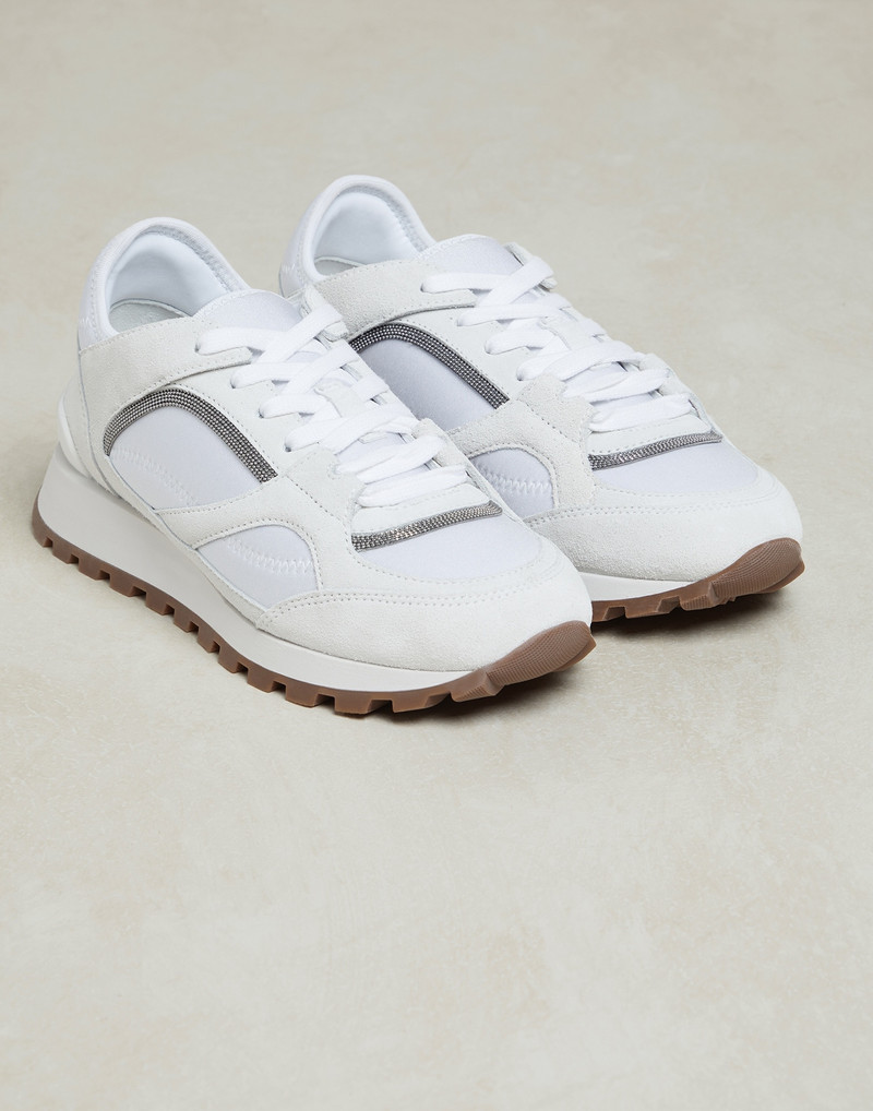 Brunello Cucinelli Suede and techno fabric runners with precious contour outlook