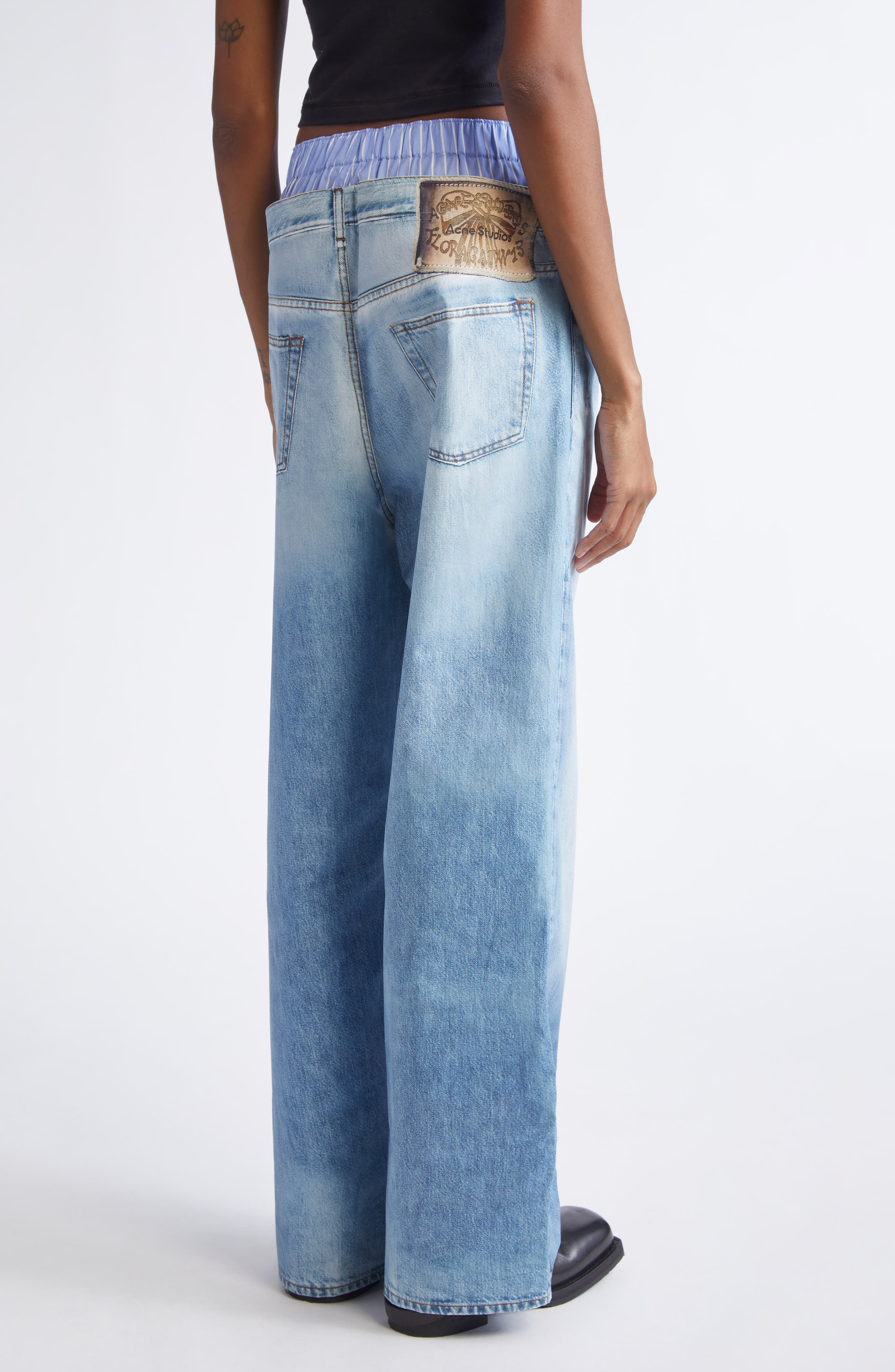 Acne Studios Boxer Waistband Denim Trompe l'Oeil Wide Leg Poplin Pants in Light Blue at Nordstrom - 3