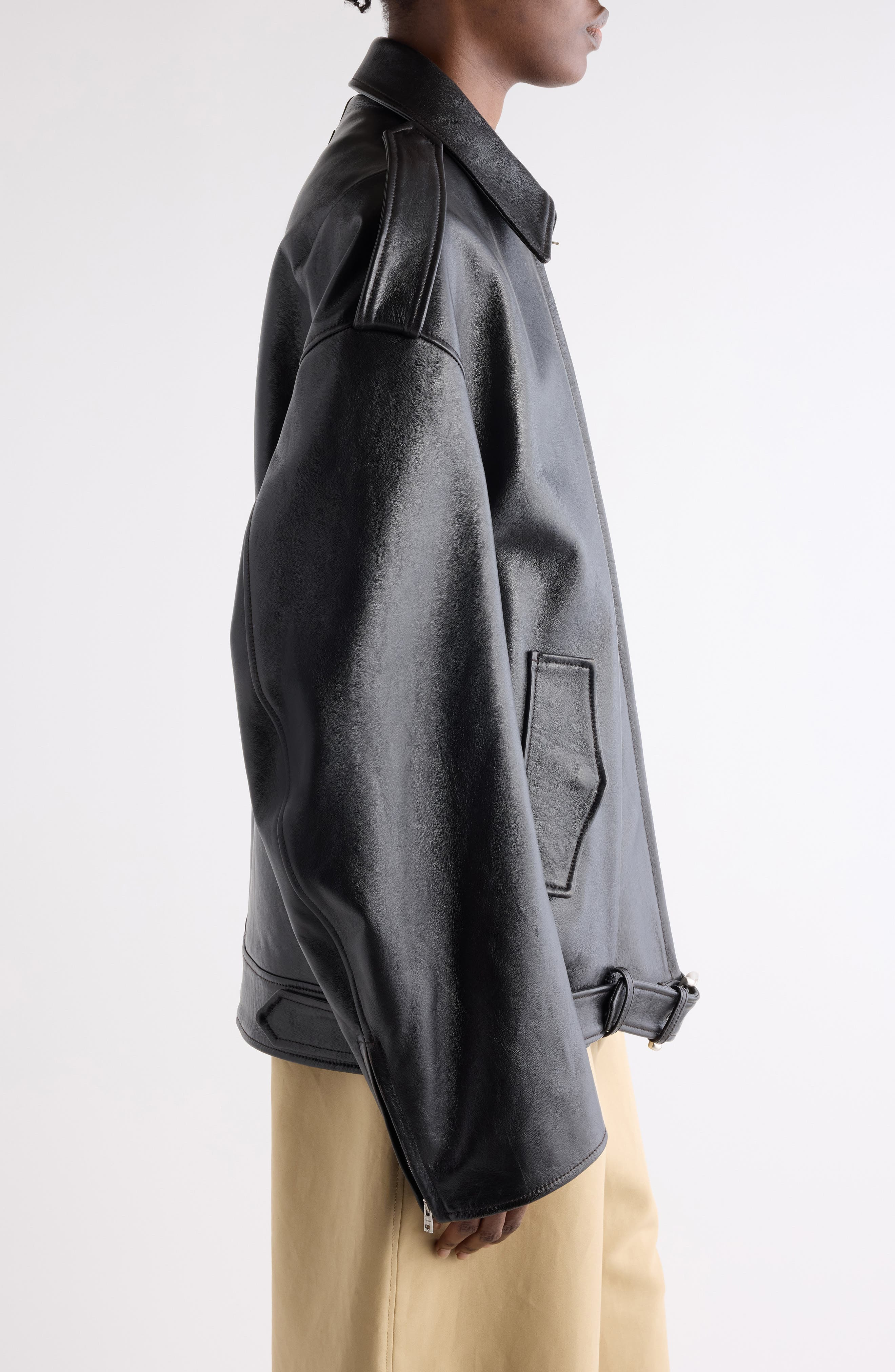 Acne Studios Linaga Oversize Leather Moto Jacket in Black at Nordstrom - 4