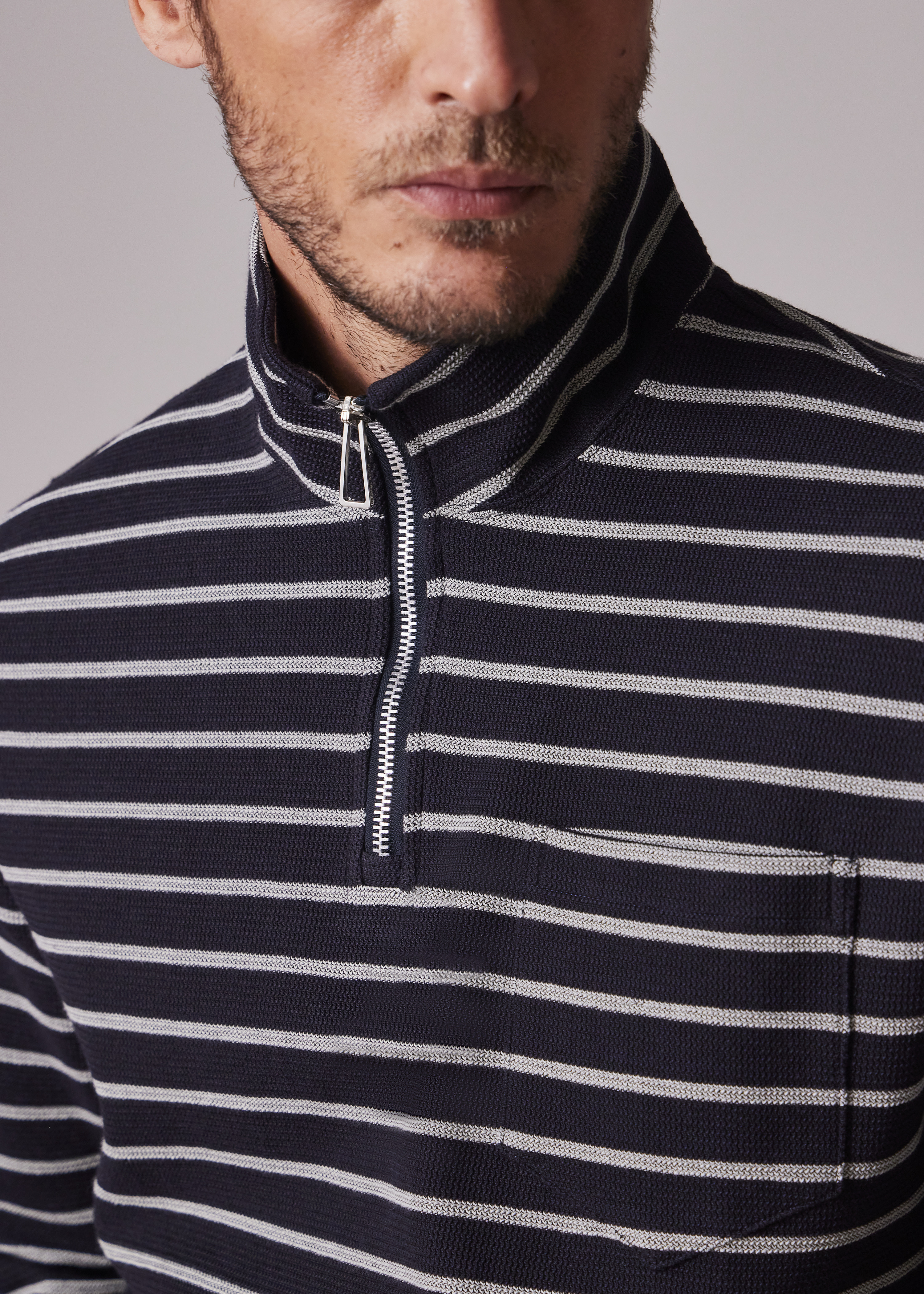 Navy Textured Stripe Zip Neck Sweatshirt - 6