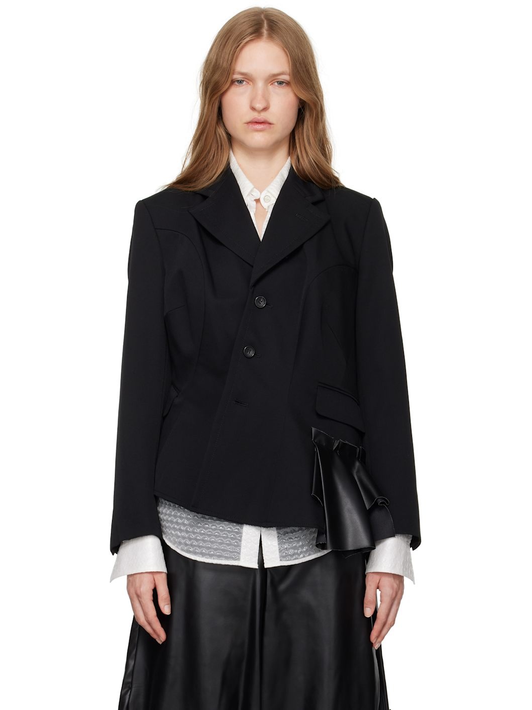 Black Ruffle Trim Blazer - 1