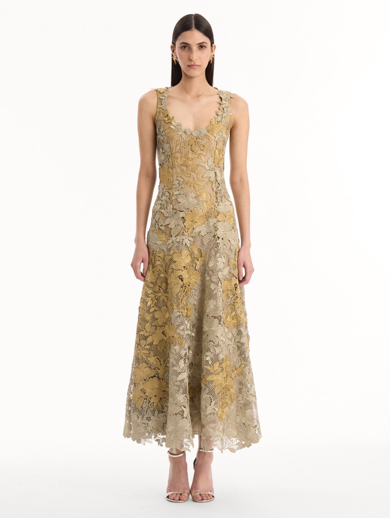 Oscar de la Renta HIBISCUS METALLIC GUIPURE COCKTAIL DRESS outlook