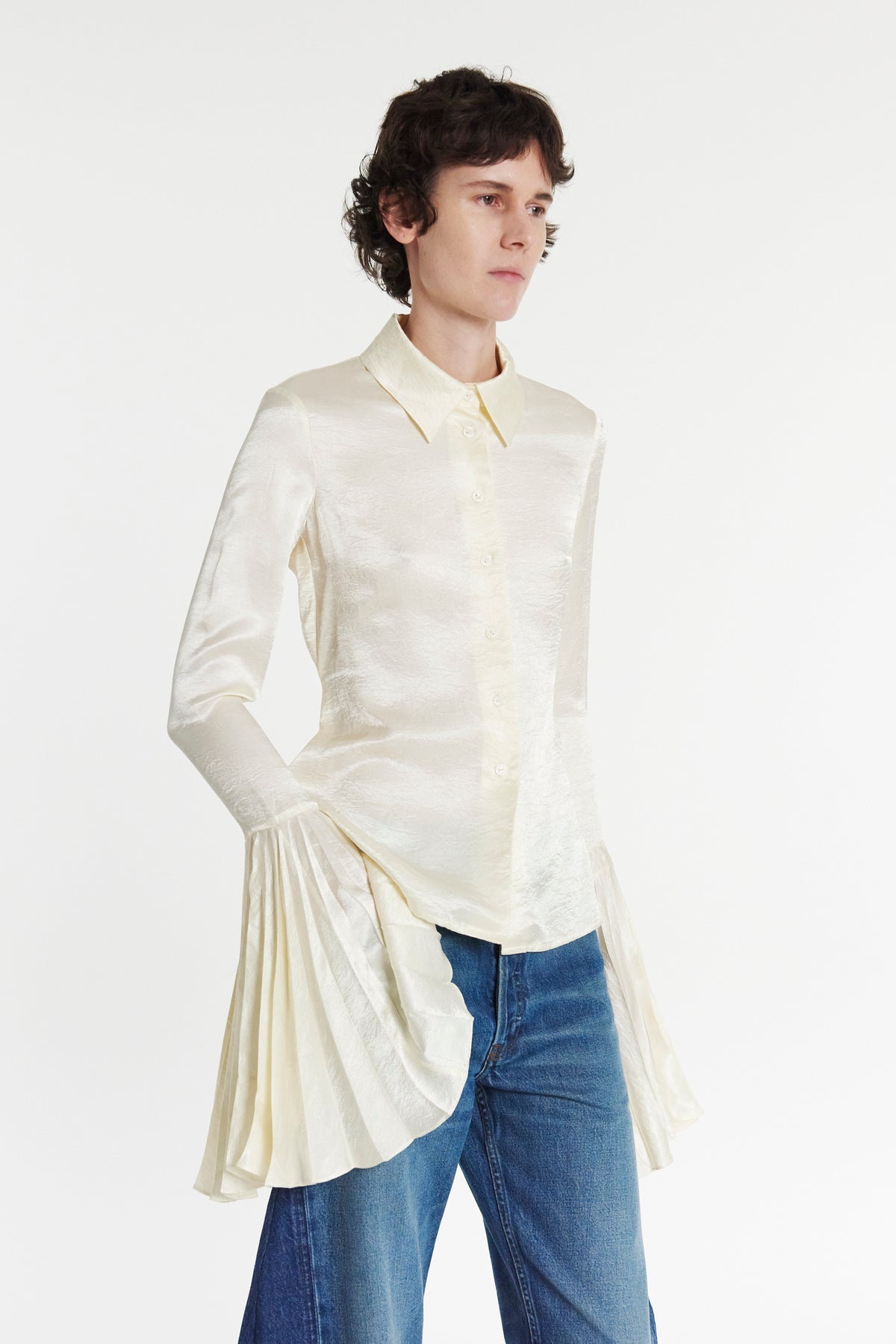 SATIN SHIRT WITH PLEATED BELL SLEEVES IVORY - 12